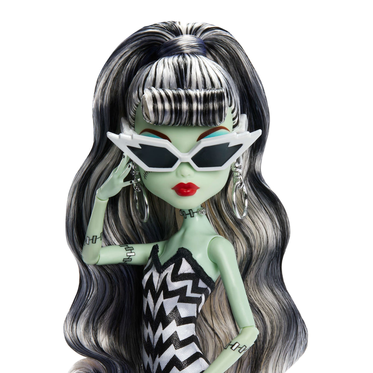 Monster High X Barbie Doll, Frankie Stein With Original Barbie Swimsuit, Black Dress And Accessories