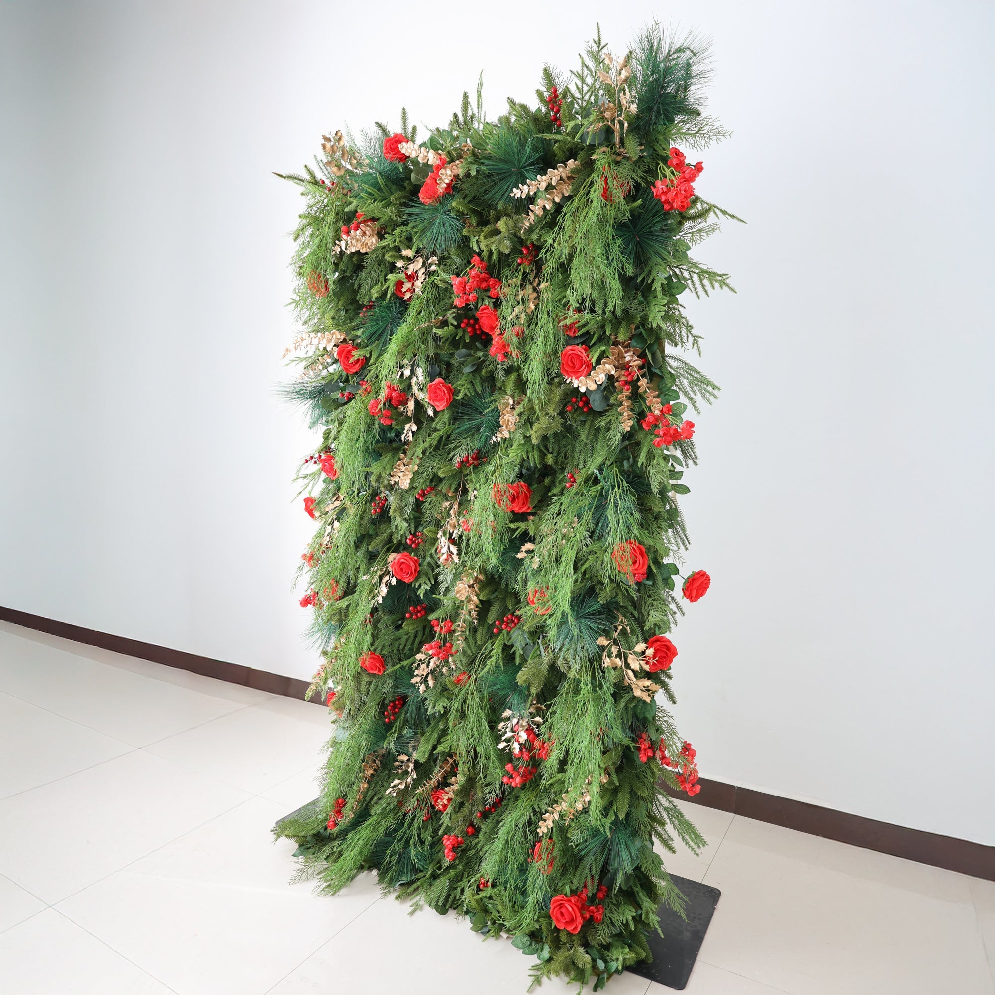 ValarFlowers Christmas Themed Floral Wall Backdrop: Festive Evergreen & Red Rose Masterpiece for Holiday Events & Decor-VF-491-2