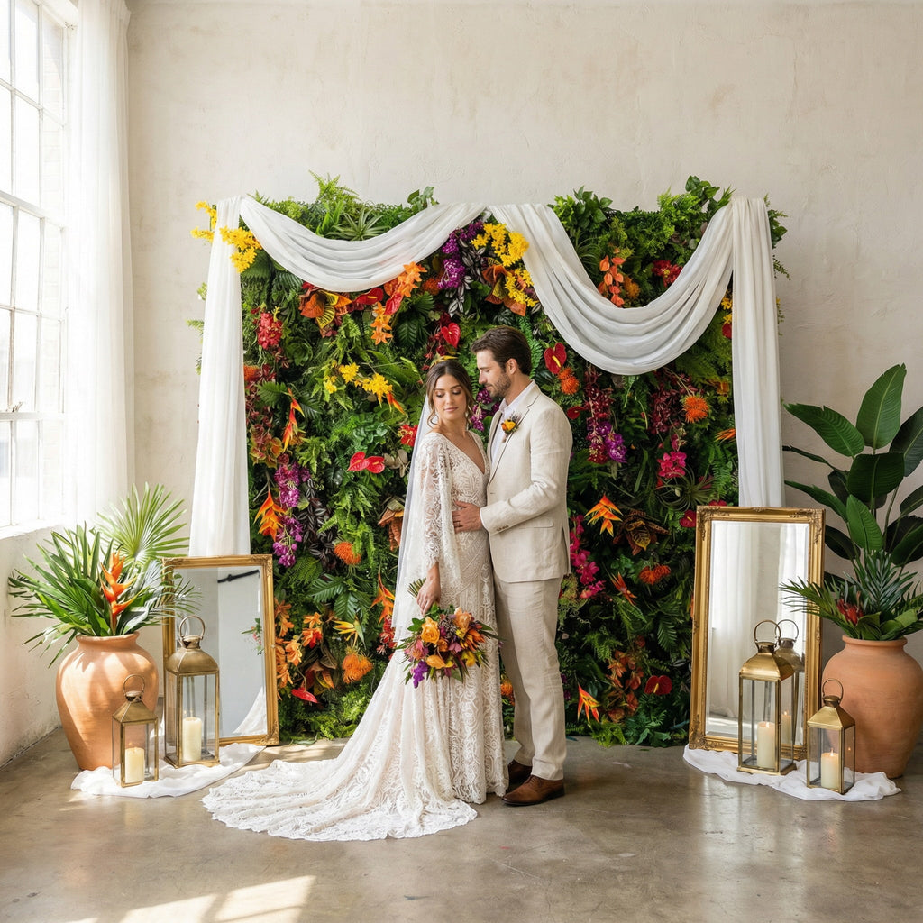 Valar Flowers Tropical Rainforest Mixed-Bloom Flower Wall Backdrop: Lush Exotic Floral & Foliage Display - VF-835