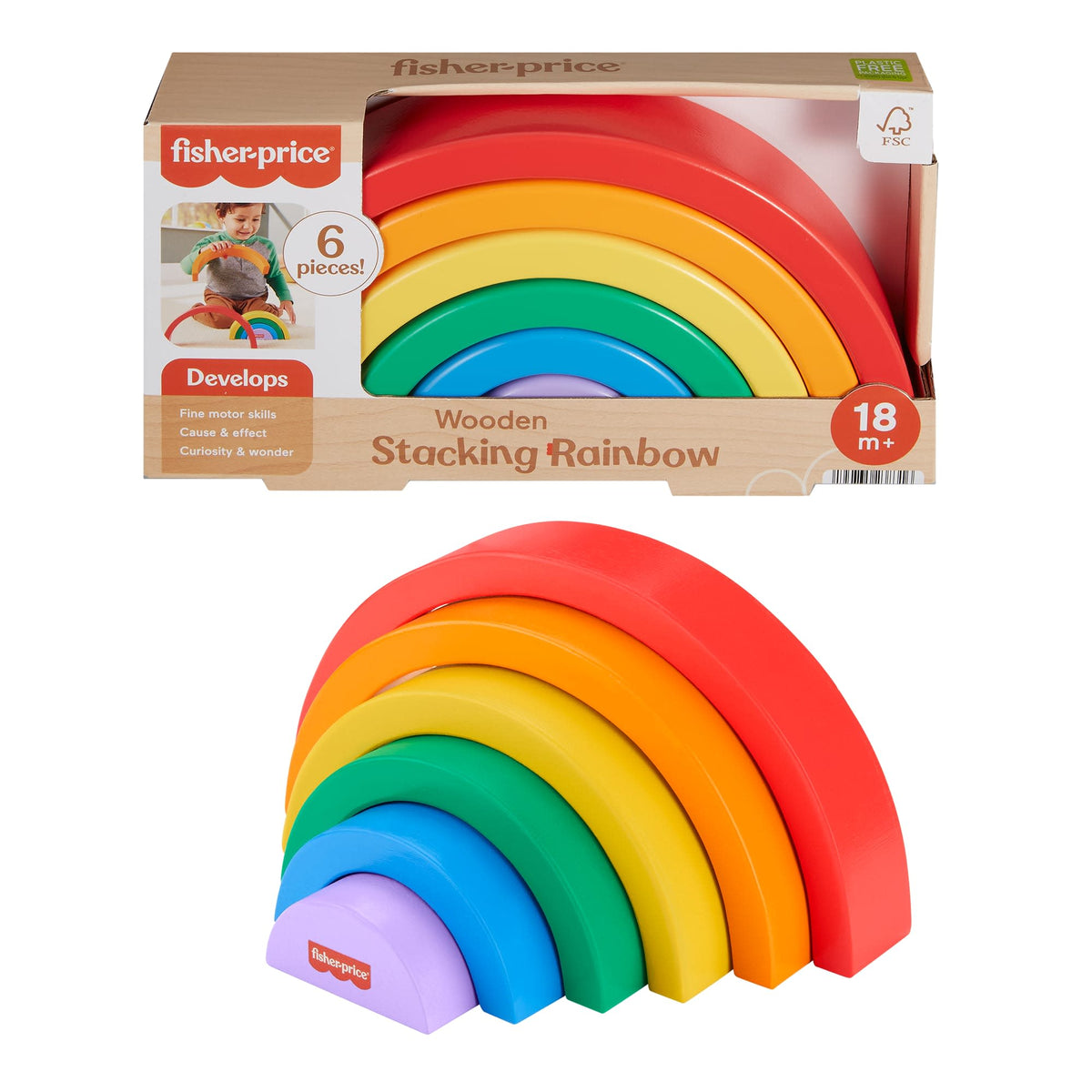 Fisher-Price  Arc-en-Ciel à Empiler en Bois, 6Éléments en Bois