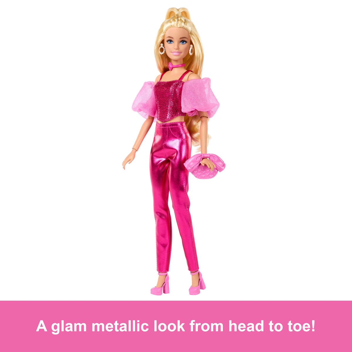 Barbie Deluxe Style Fashion Doll #5 in Metallic Pink Outfit With Corset Top And Accessories, Blonde