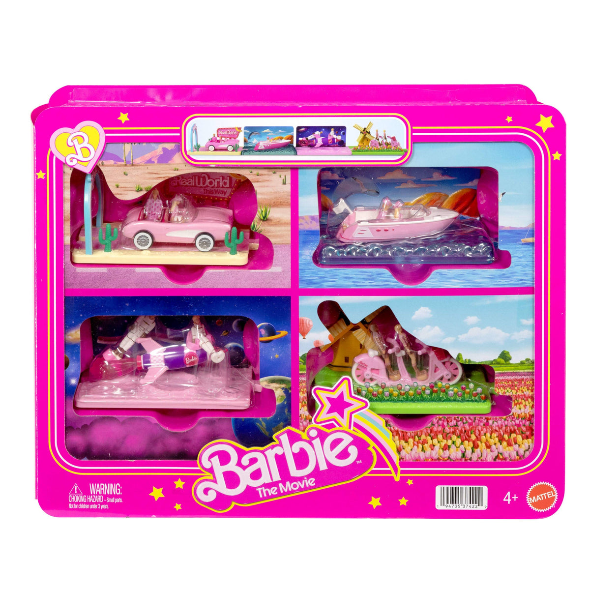 Barbie Mini Barbie Land Barbie The Movie Vehicle Collection, Includes 8 1.5-Inch Dolls & 4 Vehicles Inspired By The Film