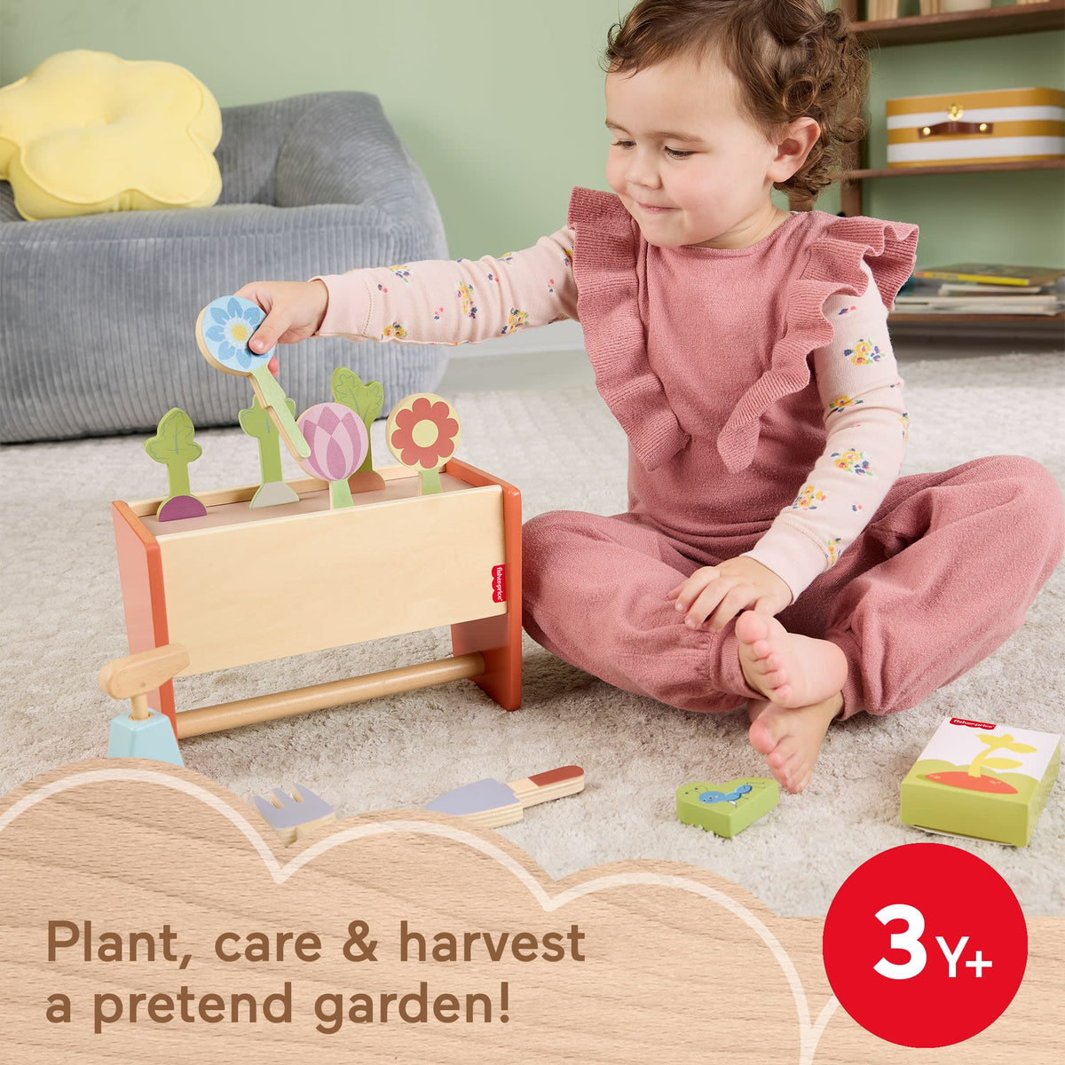 Fisher-Price Tiny Garden Wooden Garden Caddy Pretend Play Set With Tools For Kids, 12 Wood Pieces