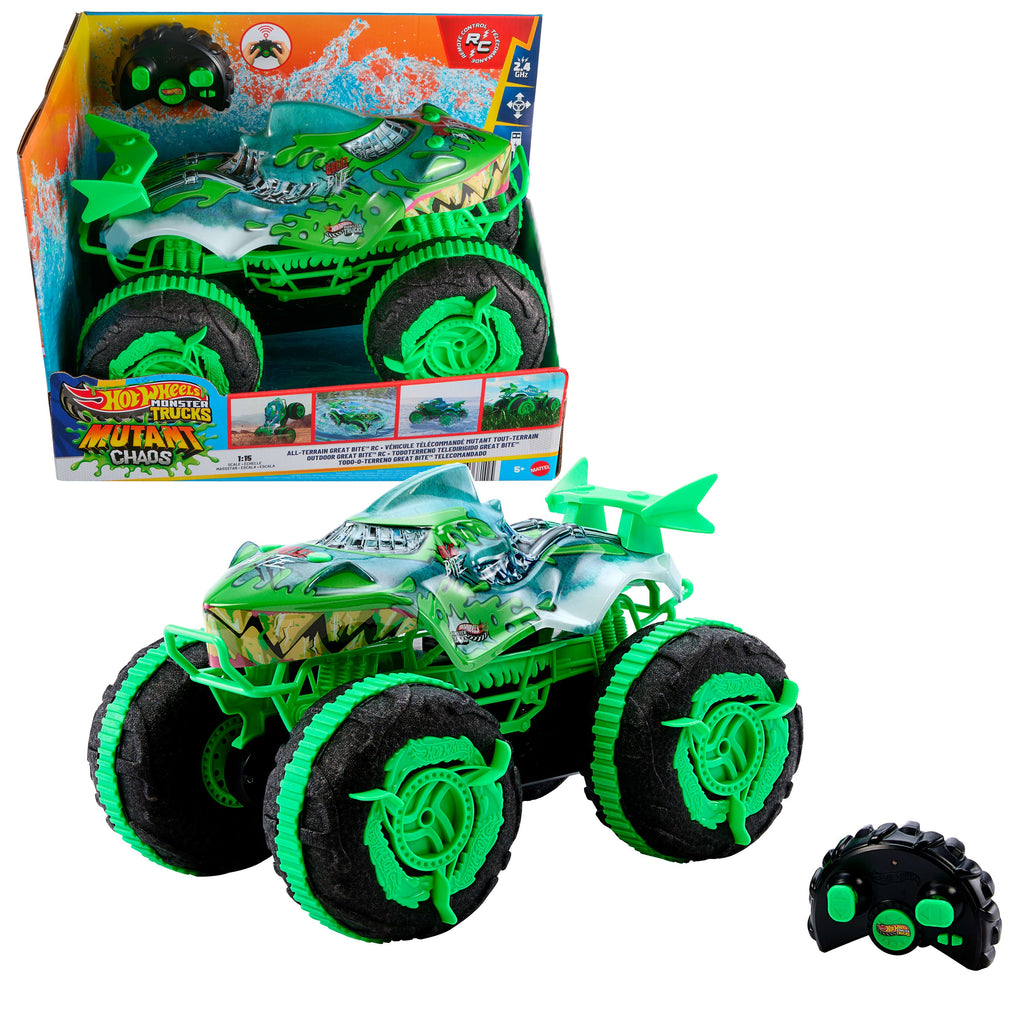 Hot Wheels Monster Trucks All-Terrain Great Bite RC, Remote-Control Toy, Drive On Land & in Water