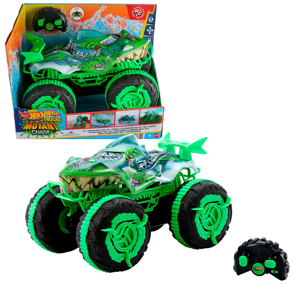 Hot Wheels Monster Trucks All-Terrain Great Bite RC, Remote-Control Toy, Drive On Land & in Water