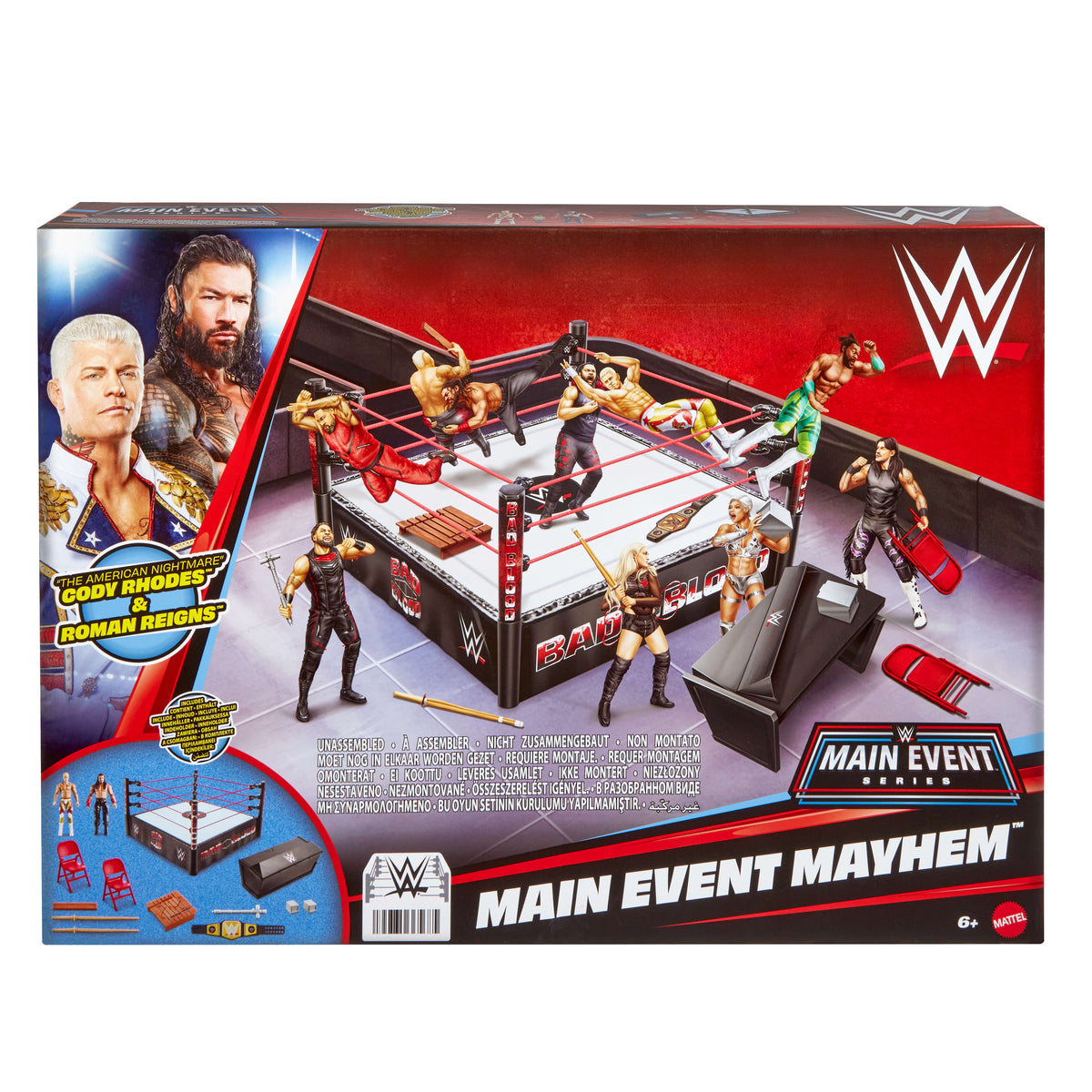 WWE Main EVent Mayhem Playset With 2 Action Figures, Exclusive Ring & Table, Plus 10 Accessories