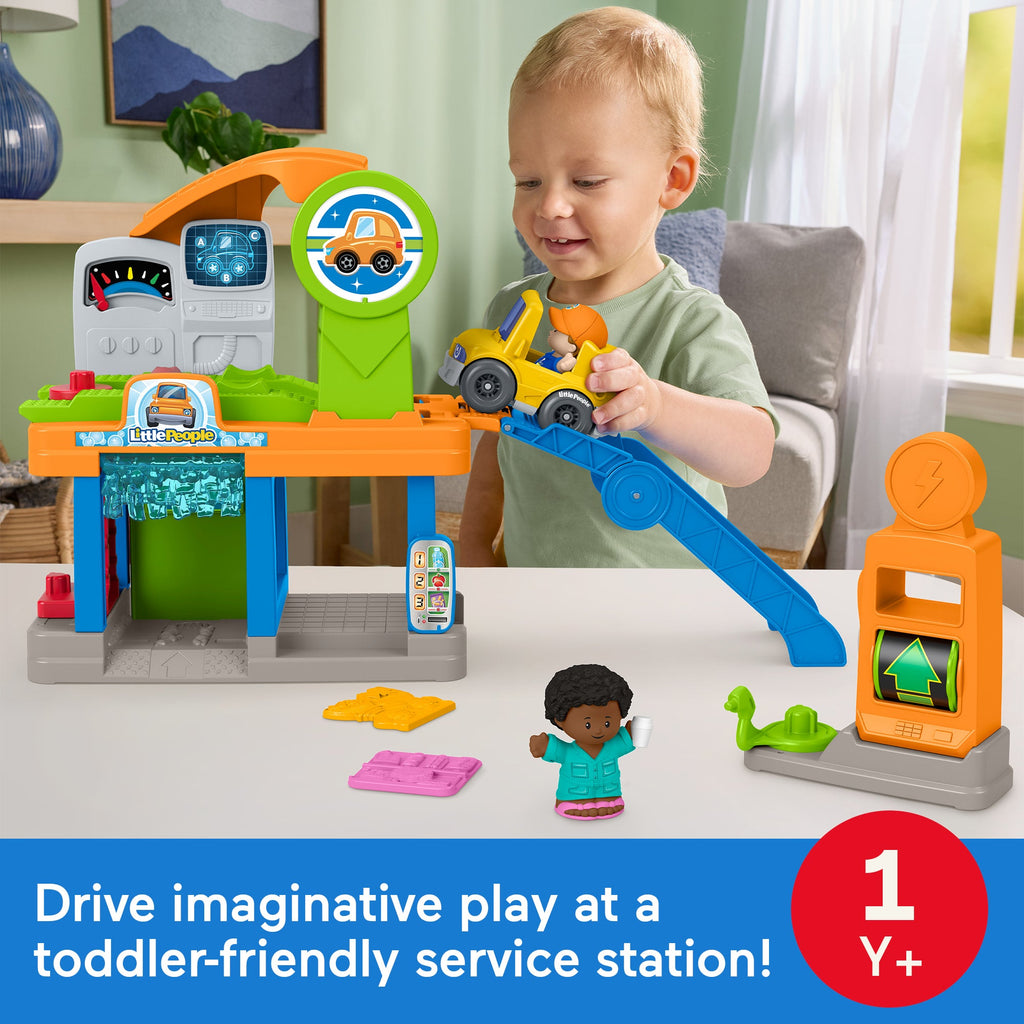Fisher-Price Little People Fillin’ Fun Service Station Toddler Playset, 1 Toy Car & 2 Figures
