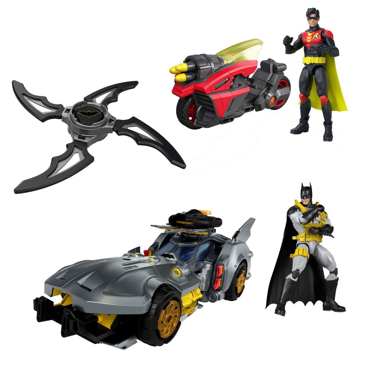 DC Premier Batlink Pack With Batmobile, Robin Cycle, Batman & Robin Figures, 2 Batarangs