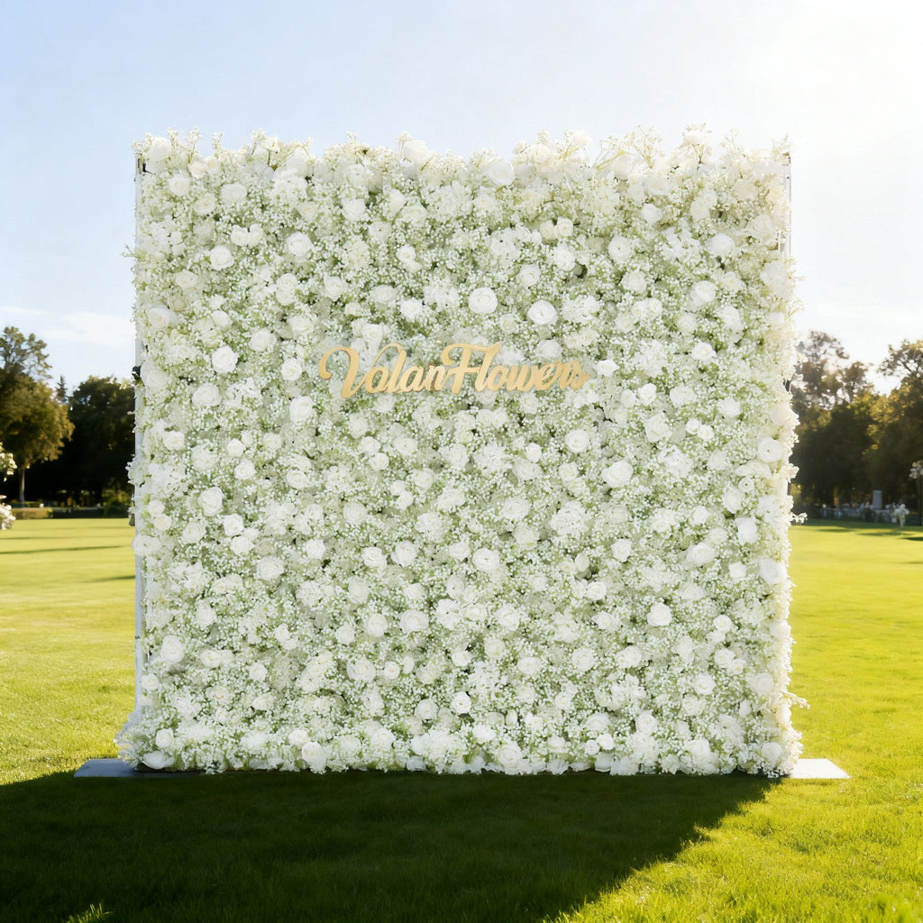 ValarFlowers Artificial Floral Wall Backdrop: Serene Meadows Artificial Floral Wall Backdrop: White Rose & Baby's Breath Edition-VF-268-2