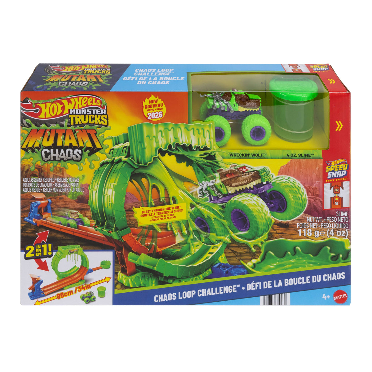 Hot Wheels Monster Trucks Mutant Chaos, Loop Challenge Playset With Wreckin’ Wolf Toy Truck & Slime