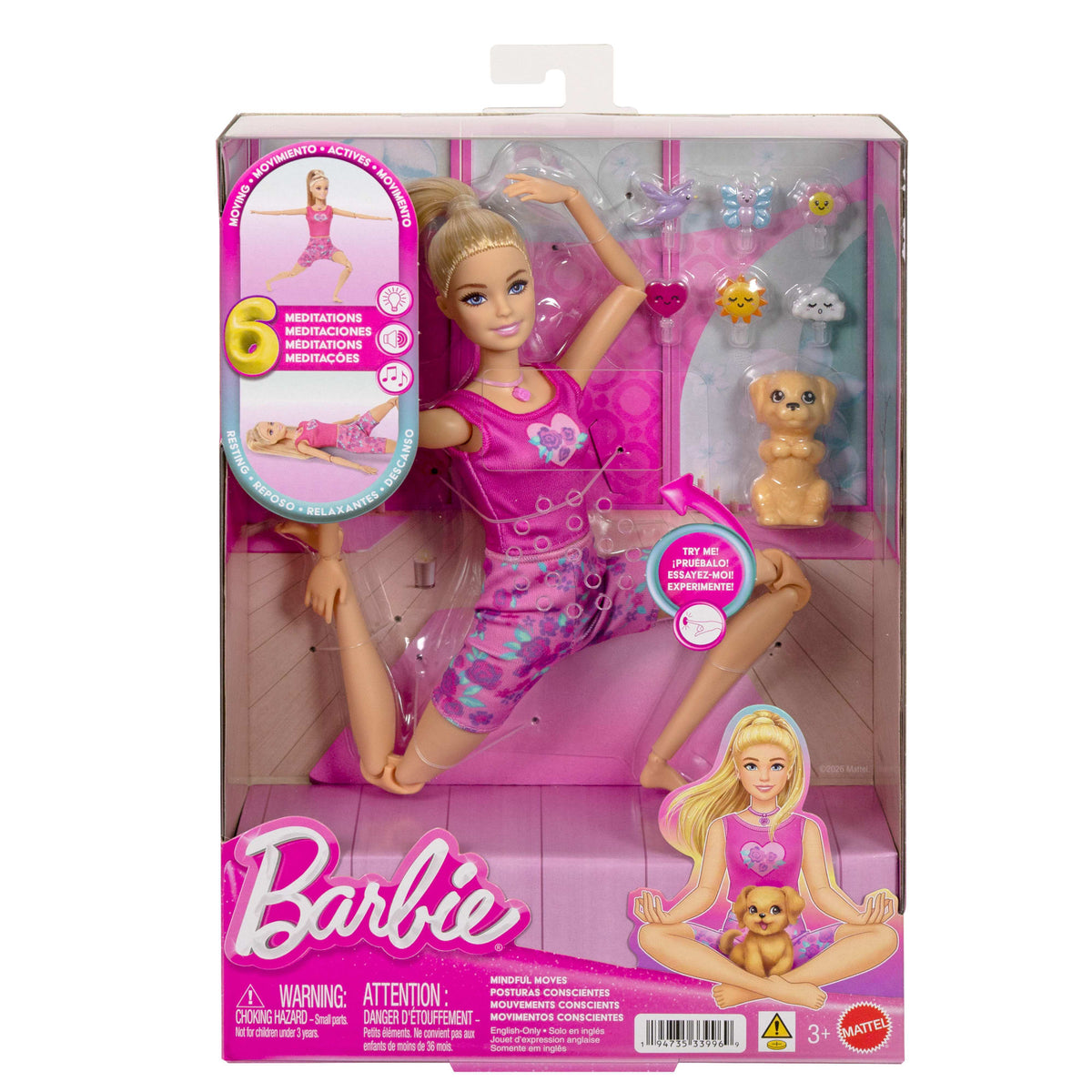Poupée Barbie Mouvements Conscients Portant des Vêtements de Yoga Avec Audio, Lumières et Musique, Poupée Blonde Avec Animal de Compagnie