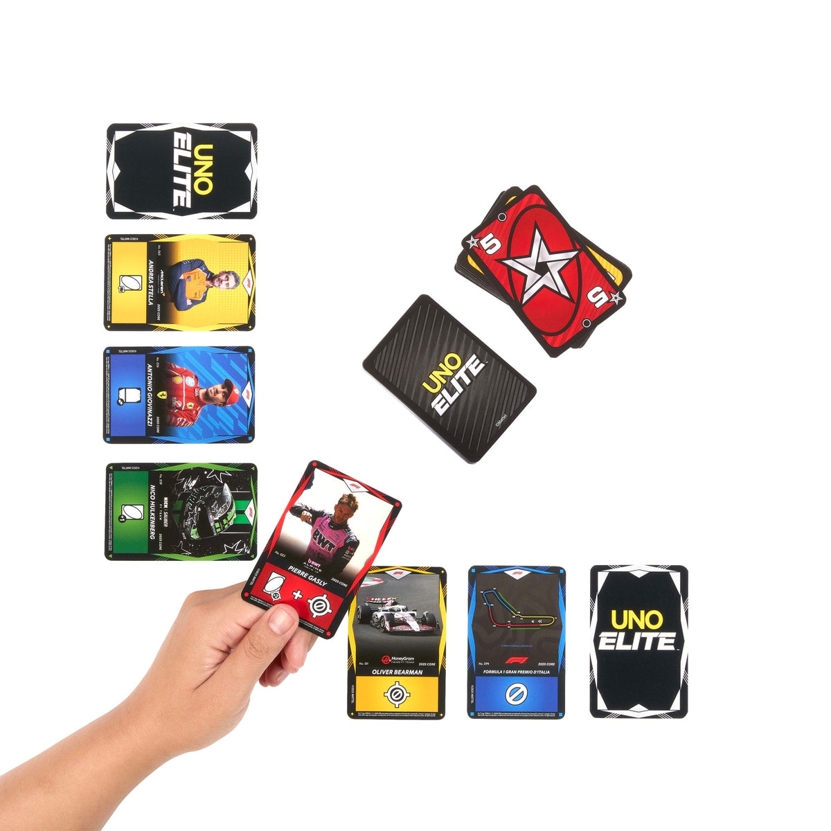 UNO Elite Formula 1 2025 Core Edition Starter Pack Card Game With 4 Game Booster Packs & 2 Promo Cards