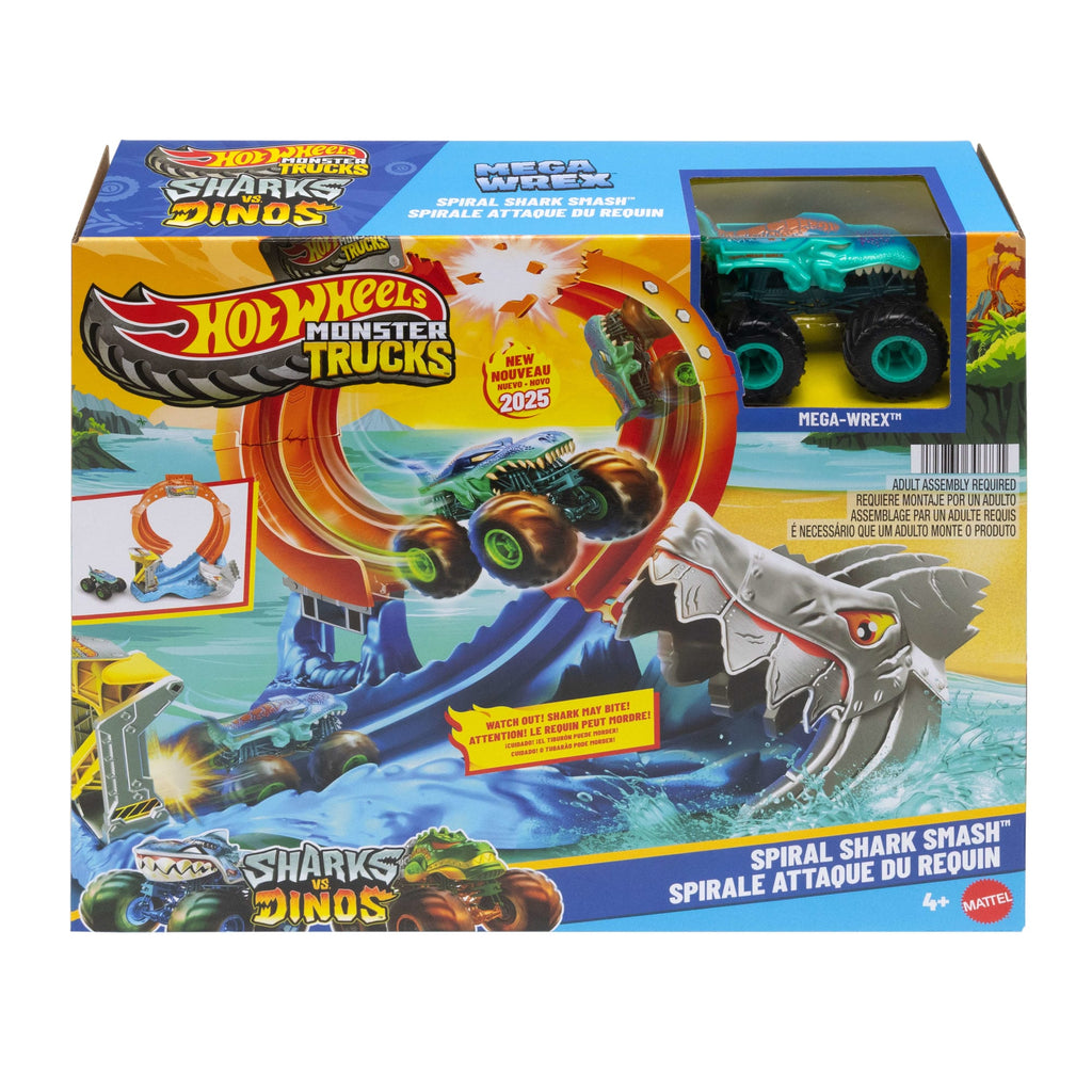 Hot Wheels Monster Trucks Corkscrew Shark Smash Track Set & 1:64 Scale MEGA-Wrex Toy Truck