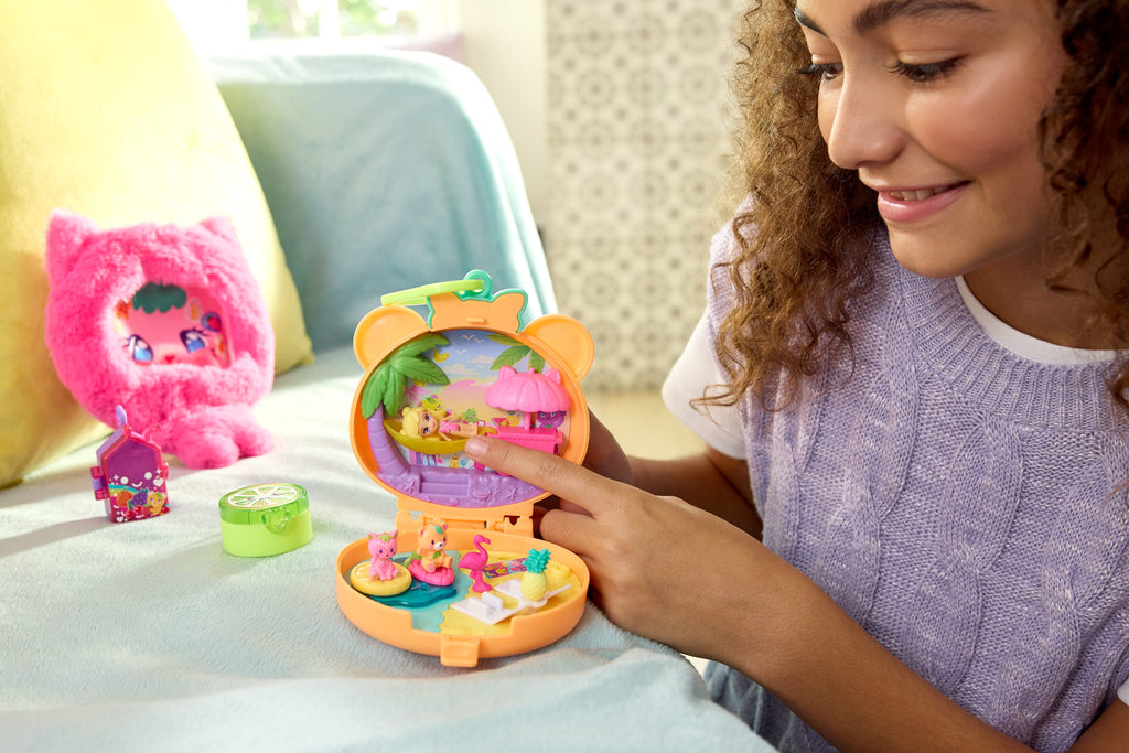 Polly Pocket Plushie Bear Compact, Doll & Keychain Playset With Pets, Fruit Themed Accessories