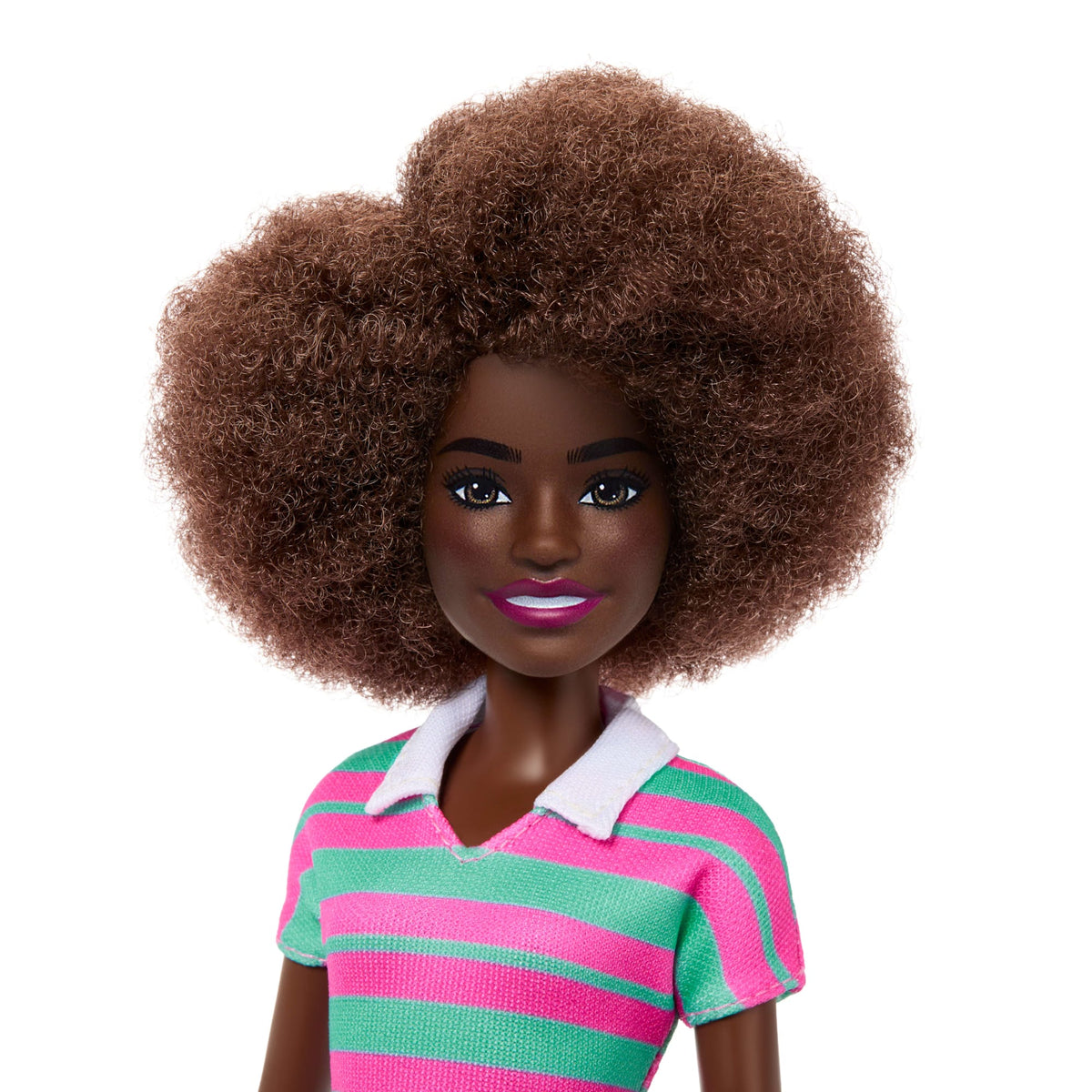 Barbie Fashionistas Doll #247 With Pink And Green Striped Dress, Curly Black Hair