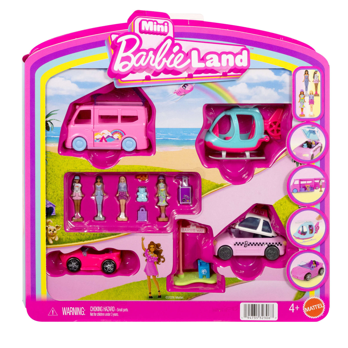 Barbie Mini Barbie Land 4-Pack Doll & Vehicle Set, 4 1.5-Inch Dolls, 4 Toy Vehicles & Accessories