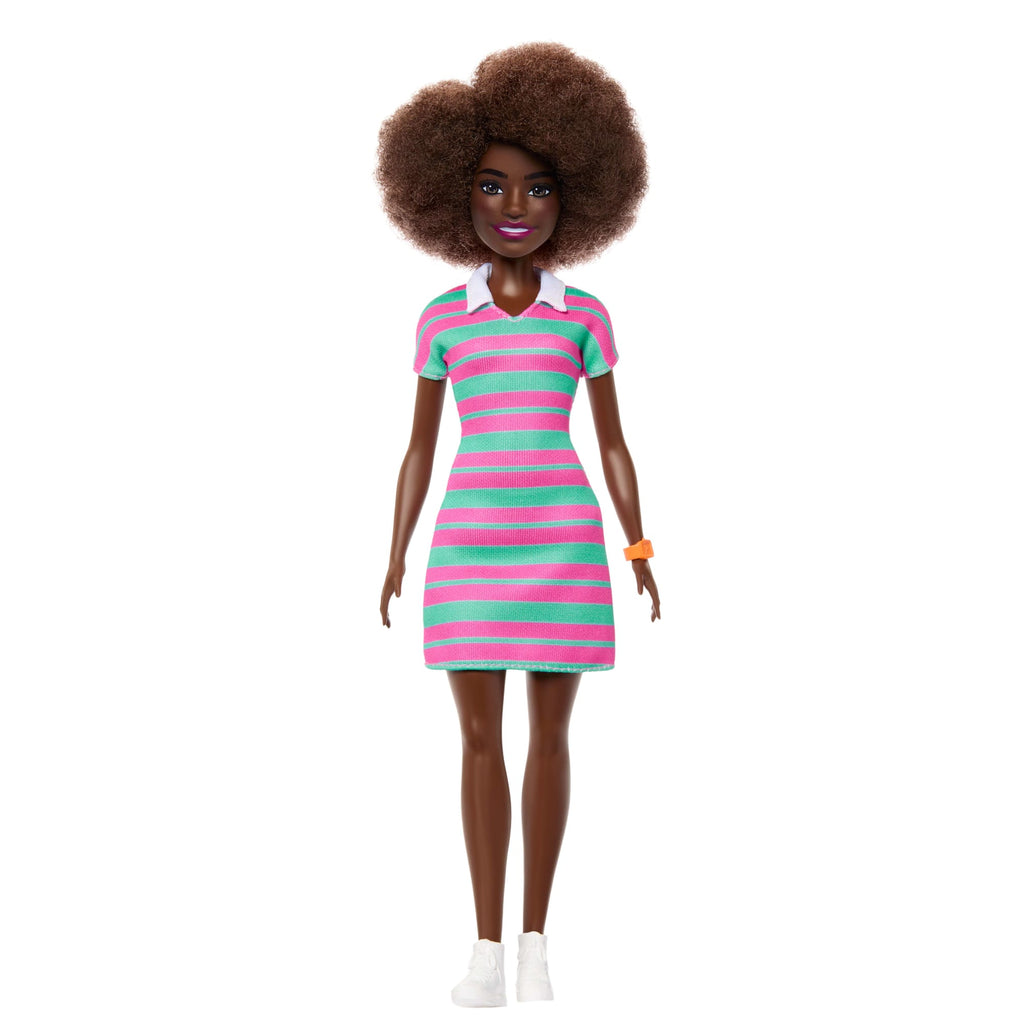 Barbie Fashionistas Doll #247 With Pink And Green Striped Dress, Curly Black Hair