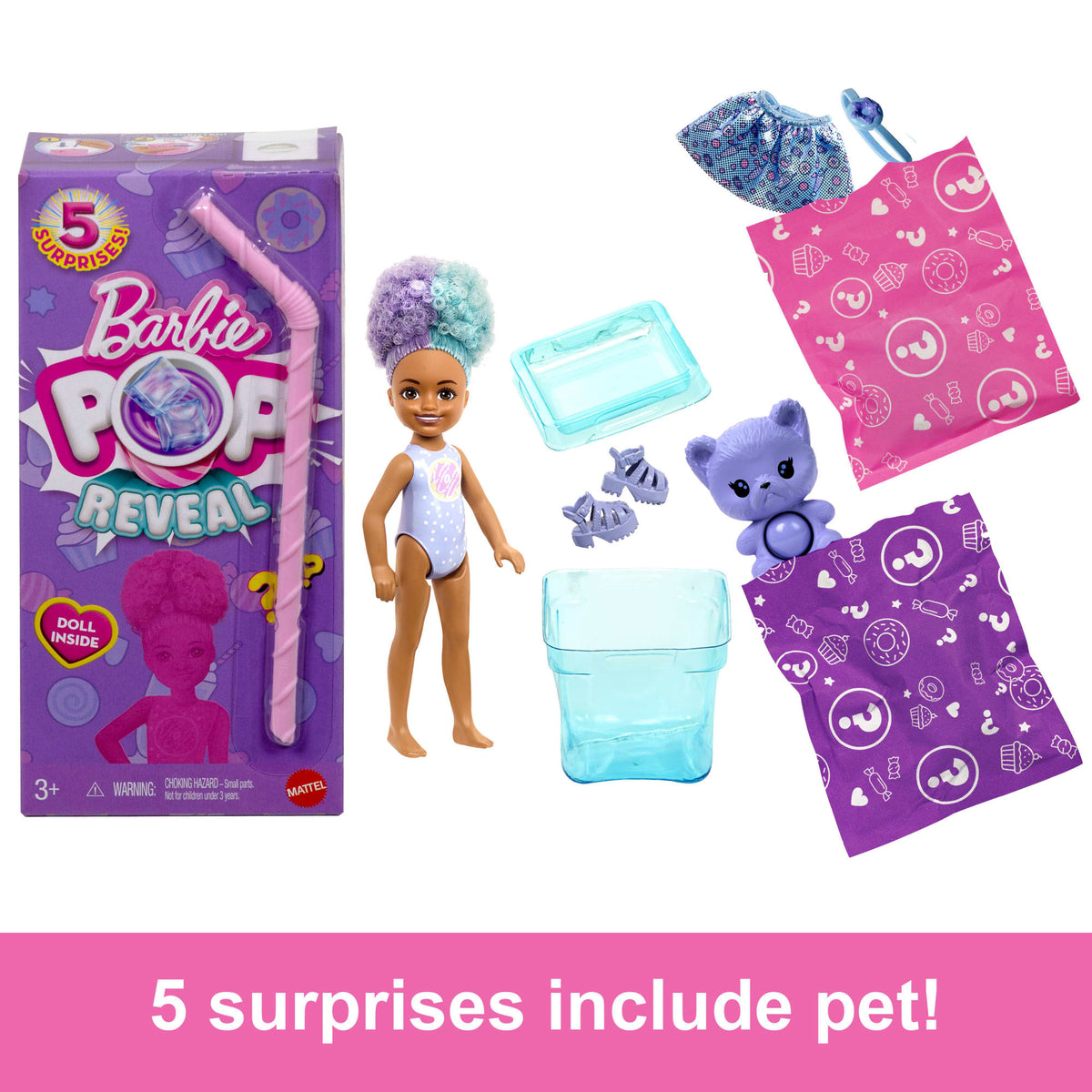 Barbie Chelsea Pop Reveal Treat Series Doll With 5 Surprises Including Scent & Pet
