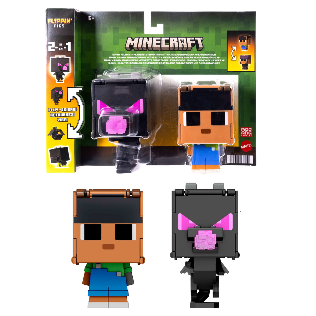 Minecraft Flippin’ Figs 2 Pack Action Figures, 2-in-1 Fidget Play, 3.75-inch Sunny & Ender Dragon