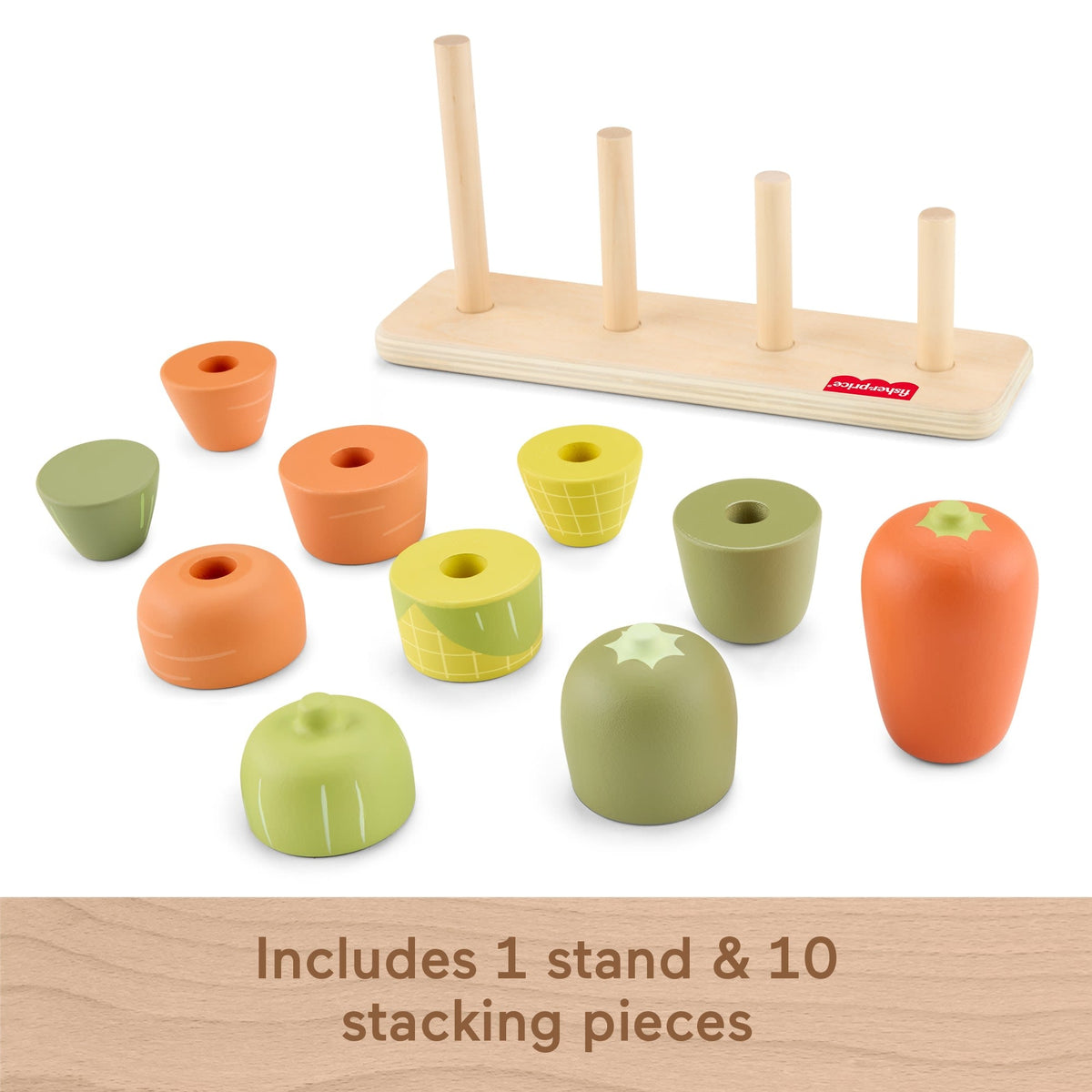 Fisher-Price Tiny Garden Wooden Veggie Stacker Toddler Activity Toy, 11 Wood Pieces