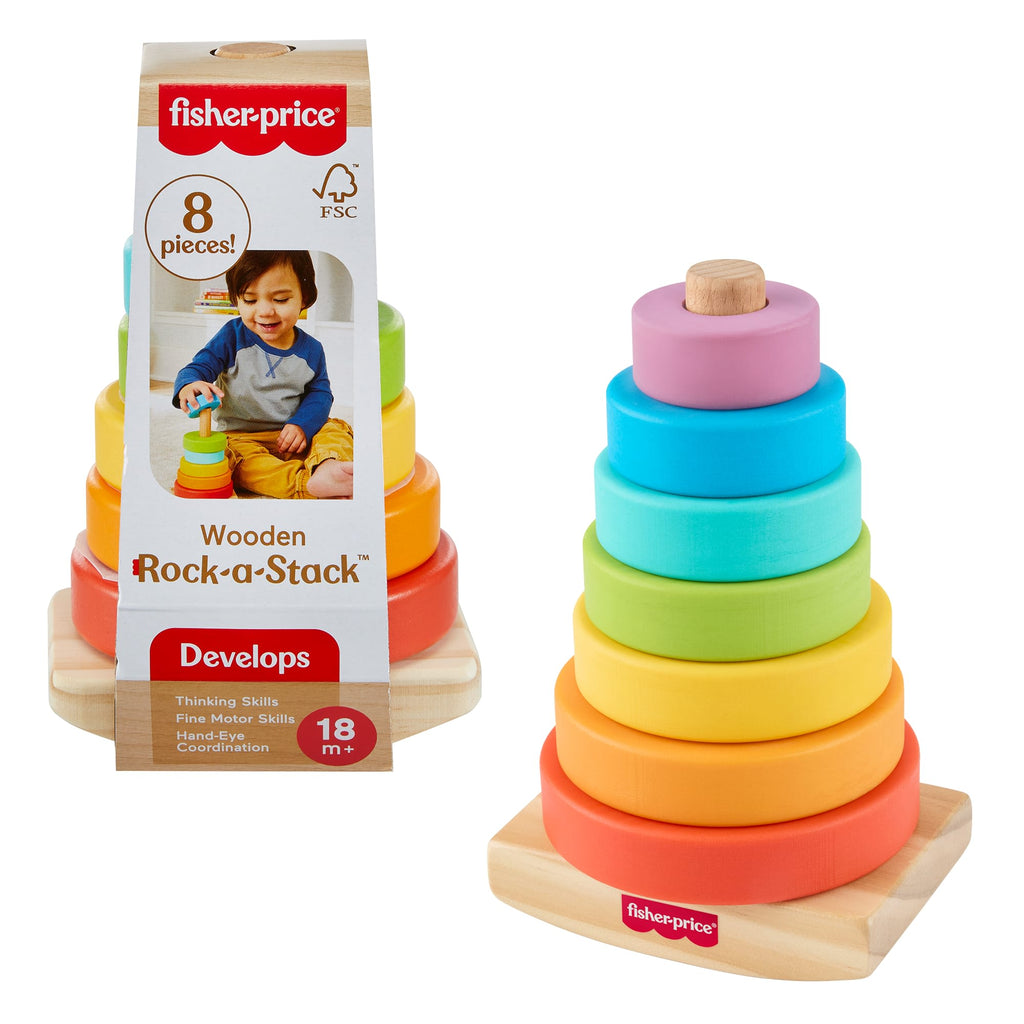 Fisher-Price Wooden Rock-A-Stack, Toddler Ring-Stacking Activity Toy With 8 Wood Pieces