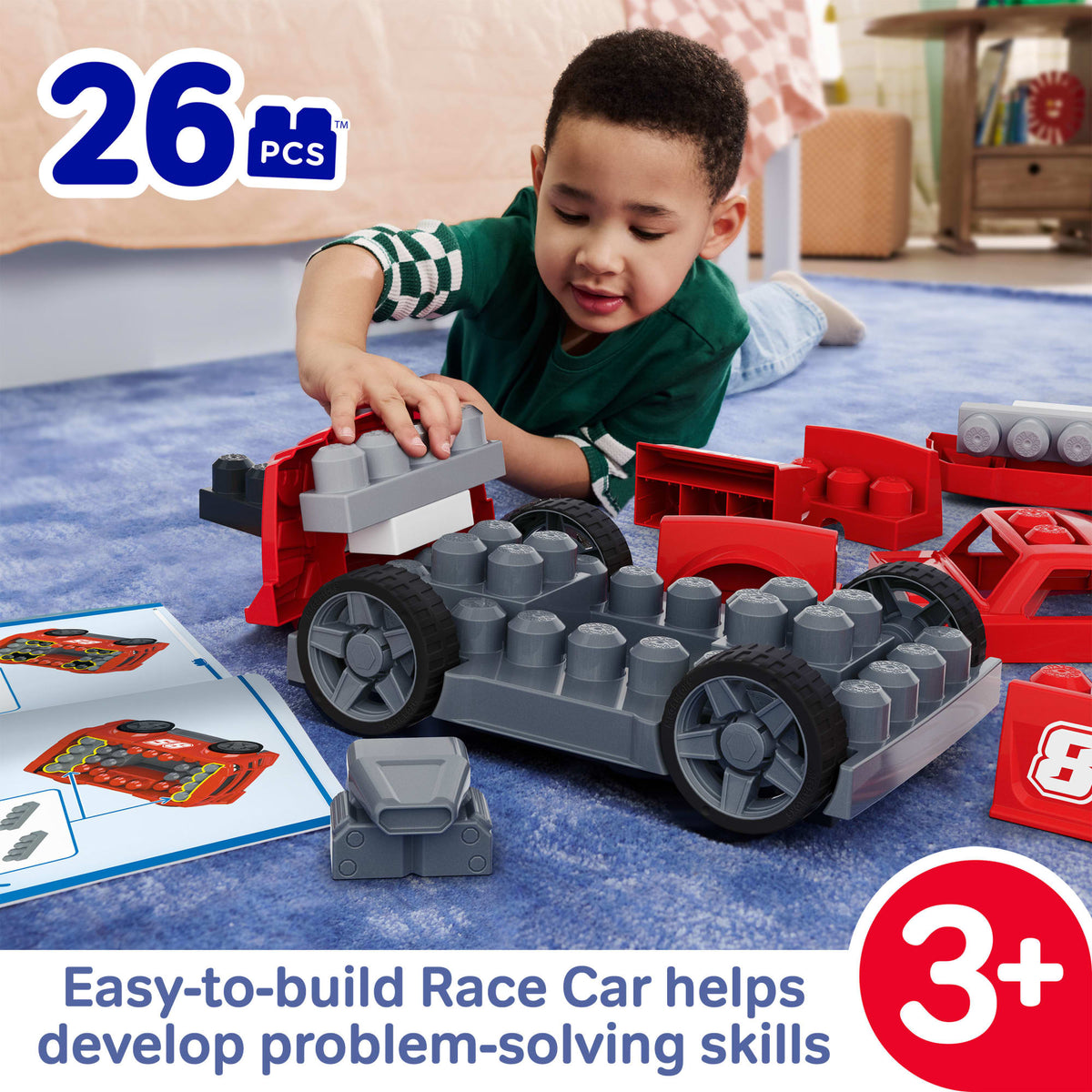 MEGA BLOKS Build & Go Race Car Block Toy With Rolling Wheels (26 Pieces) For Kids