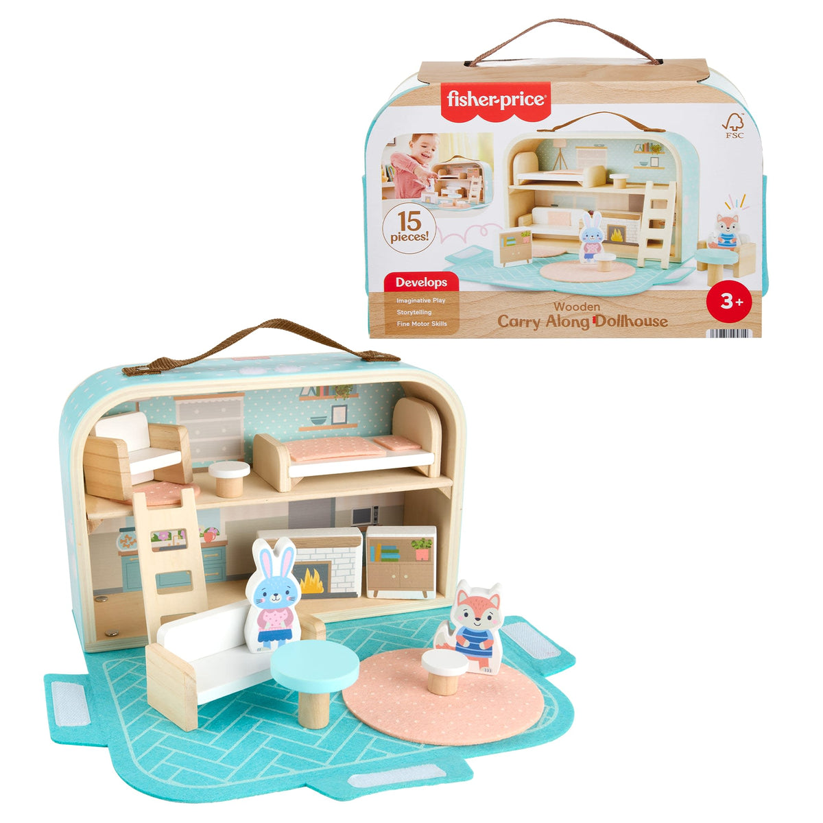 Fisher-Price Wooden Carry Along Dollhouse Portable Playset For Preschool Kids, 15 Pieces