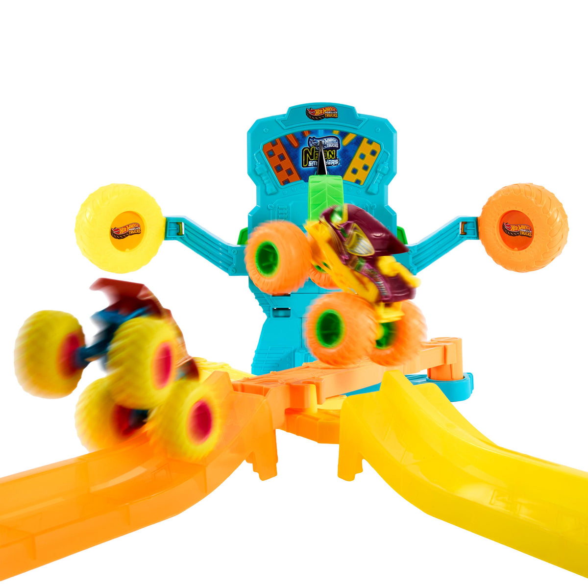 Hot Wheels Monster Trucks Neon Crashin’ Slamway Playset With 2 Toy Vehicles, 2 Ways To Play