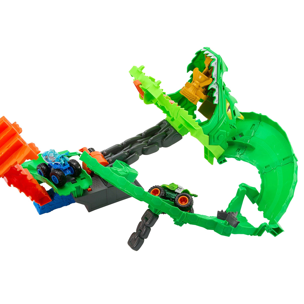 Hot Wheels Monster Trucks Pista de Brinquedo Tubarões vs. Dinossauros: Destruição do Dragão
