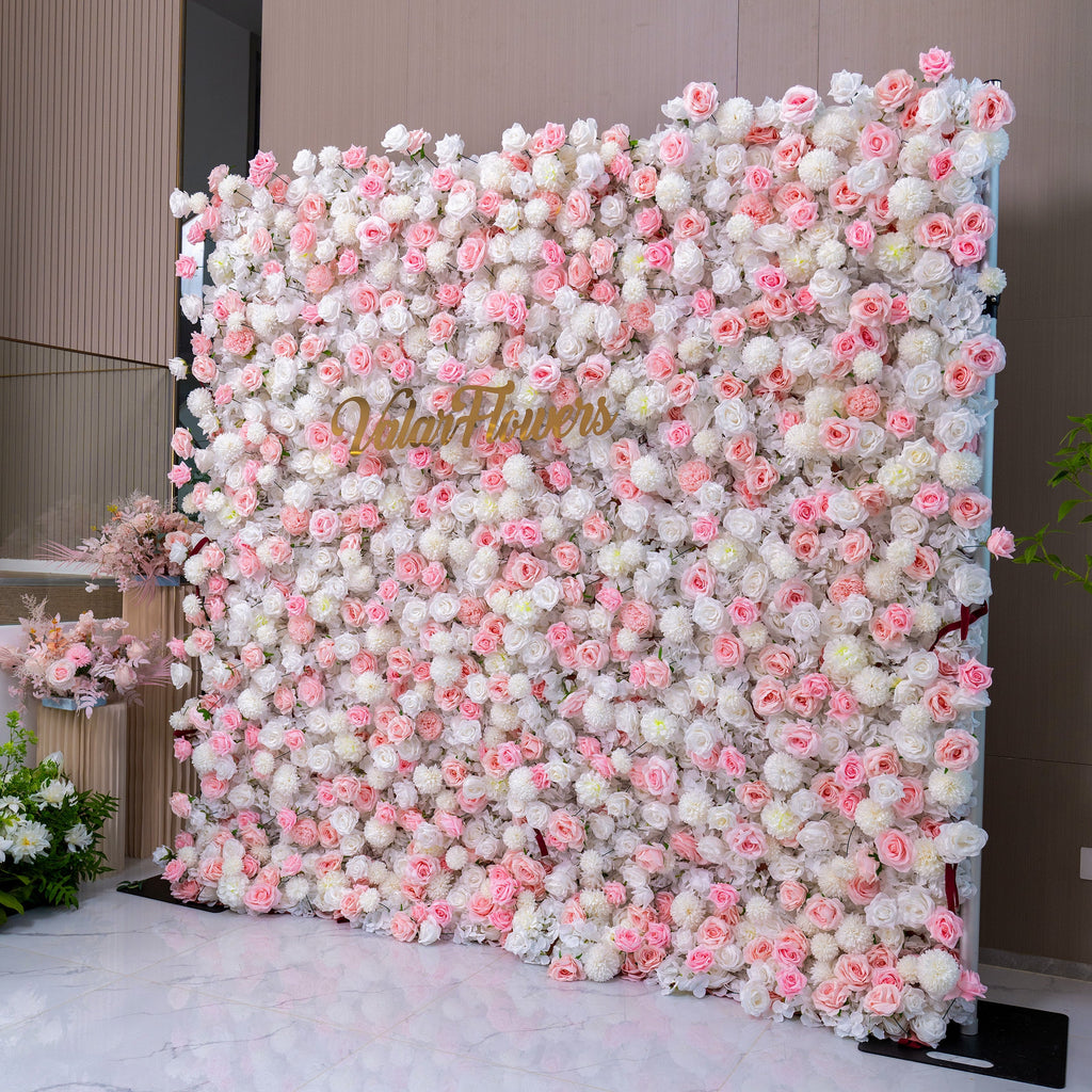 Valar Flowers' Exquisite Flower Wall: A Blend of Elegance and Durability with Soft Pink and White Artificial Blooms. Ideal for Weddings and Events. Easy Setup-VF-409