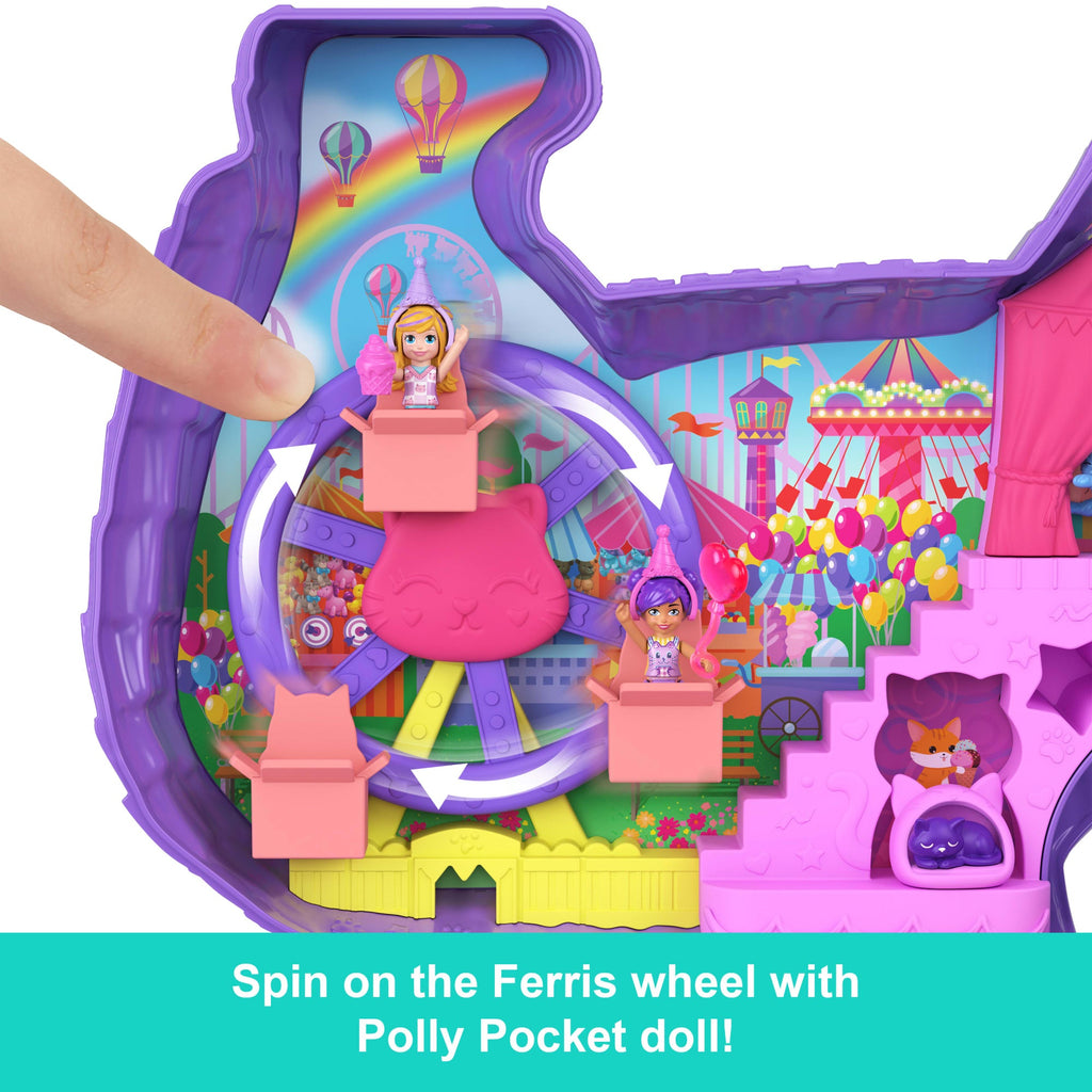 Polly Pocket Celebration Kitty Playset With 2 Micro Dolls, 23 Surprise Accessories including Pets, Birthday Party With Ferris Wheel Ride