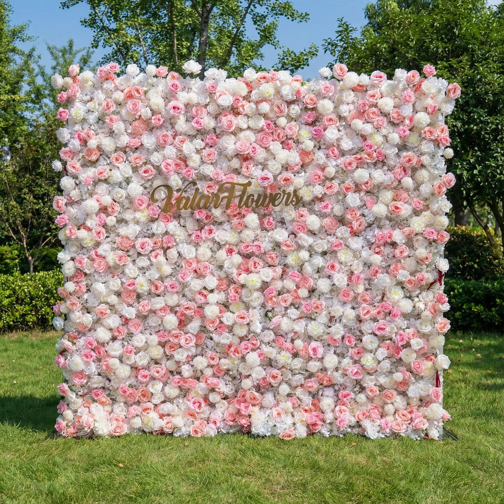 Valar Flowers' Exquisite Flower Wall: A Blend of Elegance and Durability with Soft Pink and White Artificial Blooms. Ideal for Weddings and Events. Easy Setup-VF-409