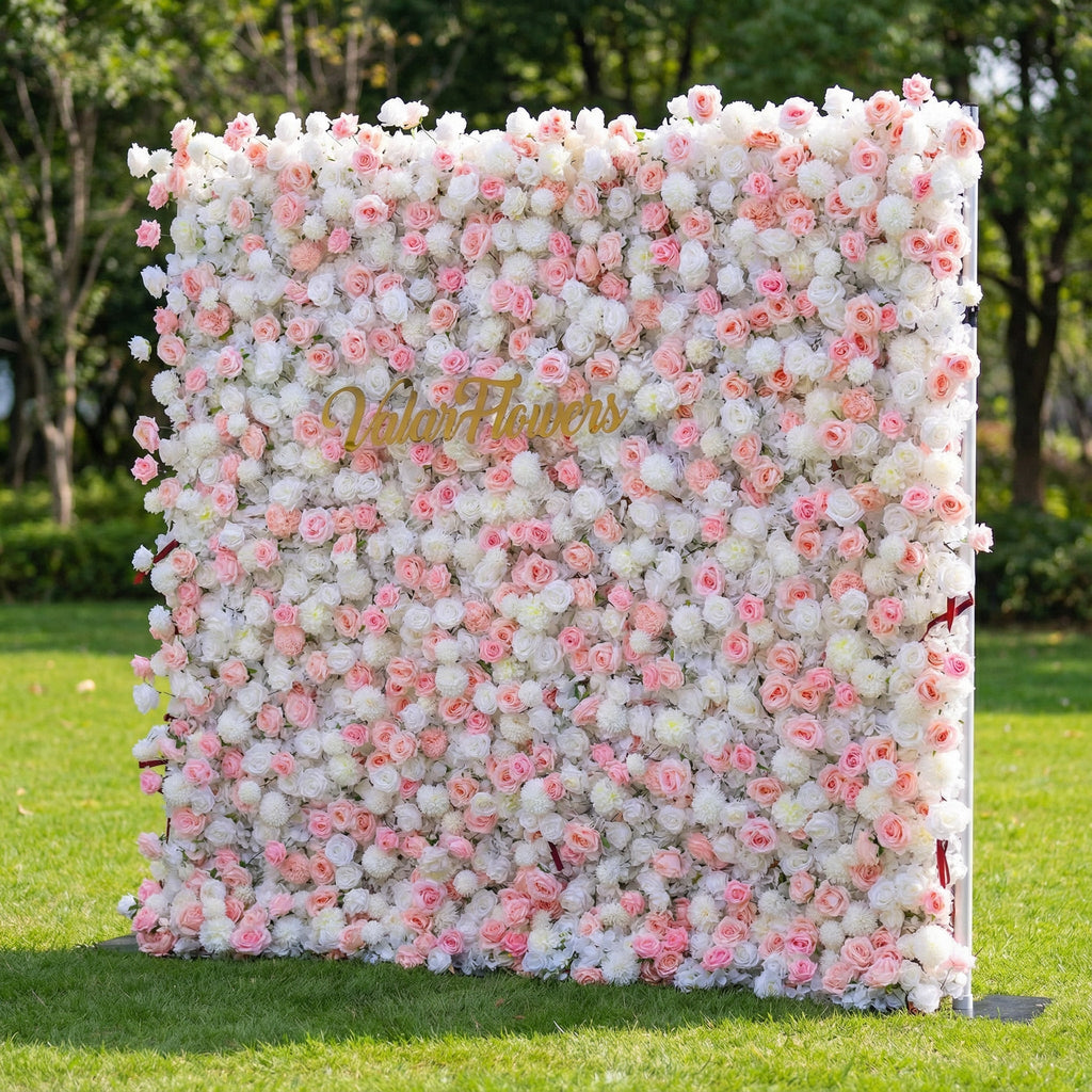 Valar Flowers' Exquisite Flower Wall: A Blend of Elegance and Durability with Soft Pink and White Artificial Blooms. Ideal for Weddings and Events. Easy Setup-VF-409