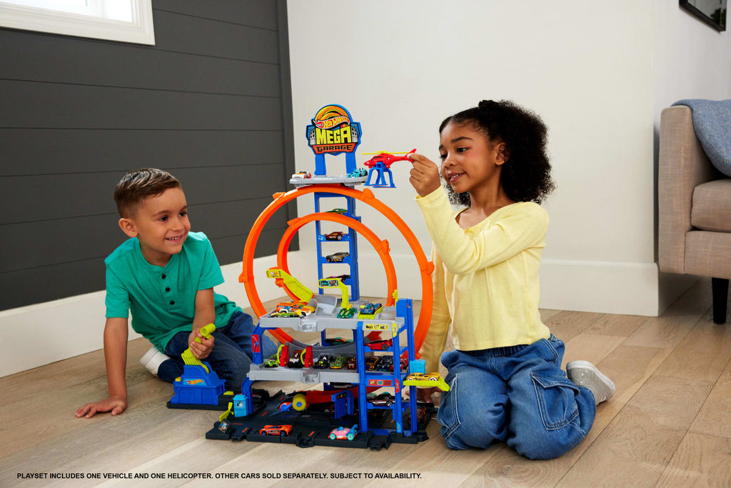Hot Wheels MEGA Loop Garage Playset With 1 Die-Cast Toy Car & 1 Toy Helicopter in 1:64 Scale