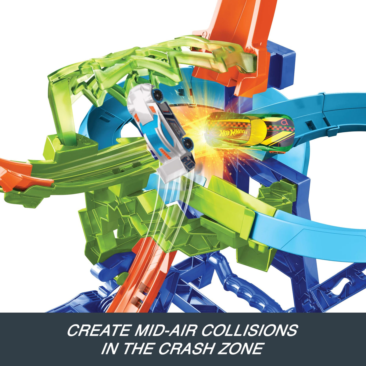 Hot Wheels Stunt Tracks Mid-Air Crash Playset With 1:64 Scale Die-Cast Toy Car & Motorized Booster