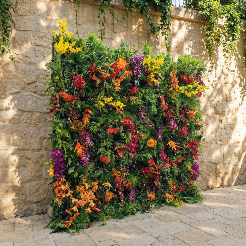 Valar Flowers Tropical Rainforest Mixed-Bloom Flower Wall Backdrop: Lush Exotic Floral & Foliage Display - VF-835