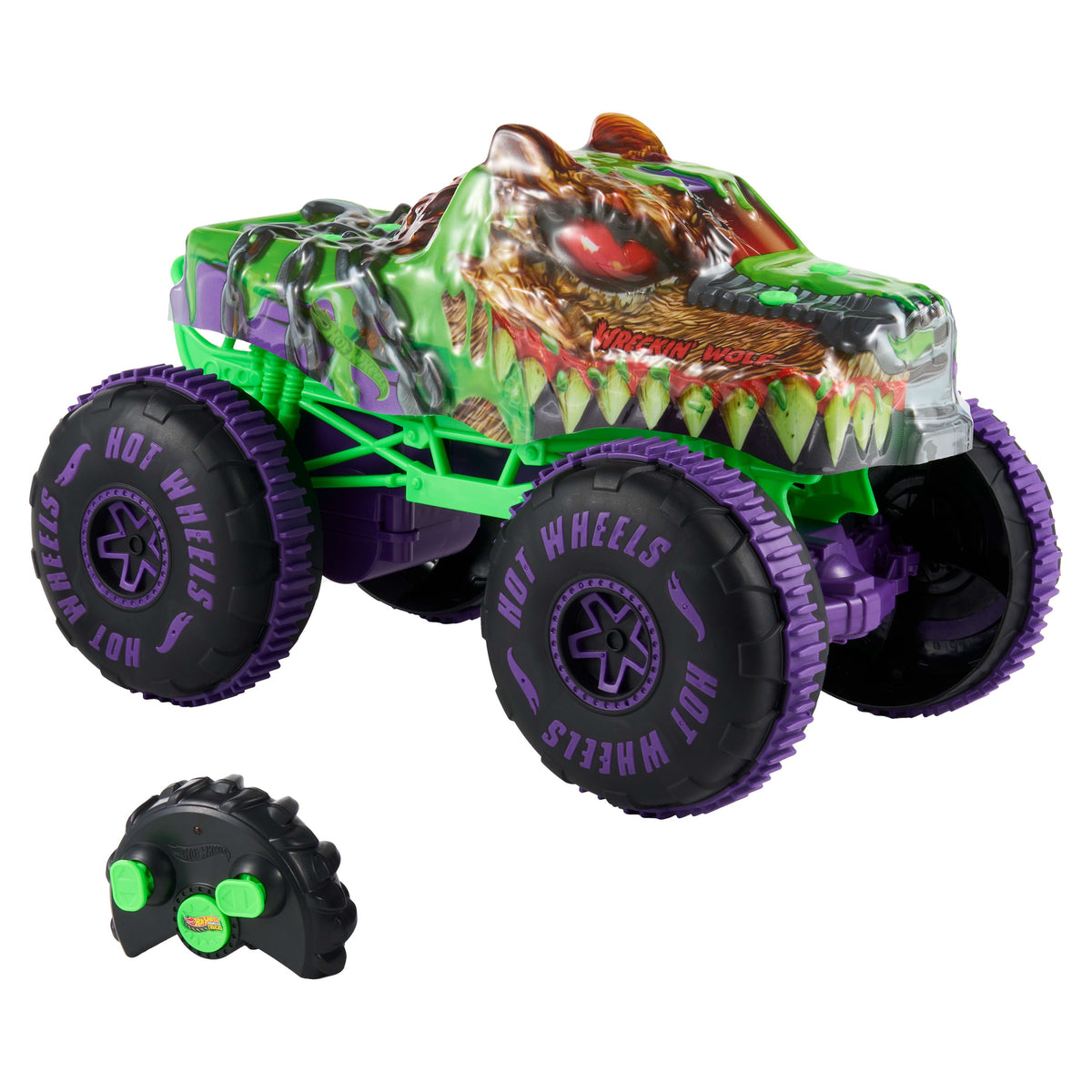 Hot Wheels Monster Trucks Mutant Chaos Wreckin’ Wolf RC, Battery-Powered Remote-Control Toy