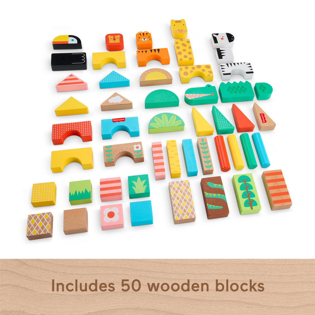 Fisher-Price Wooden Jungle Blocks, Animal-Themed Building Set For Toddlers, 50 Wood Pieces