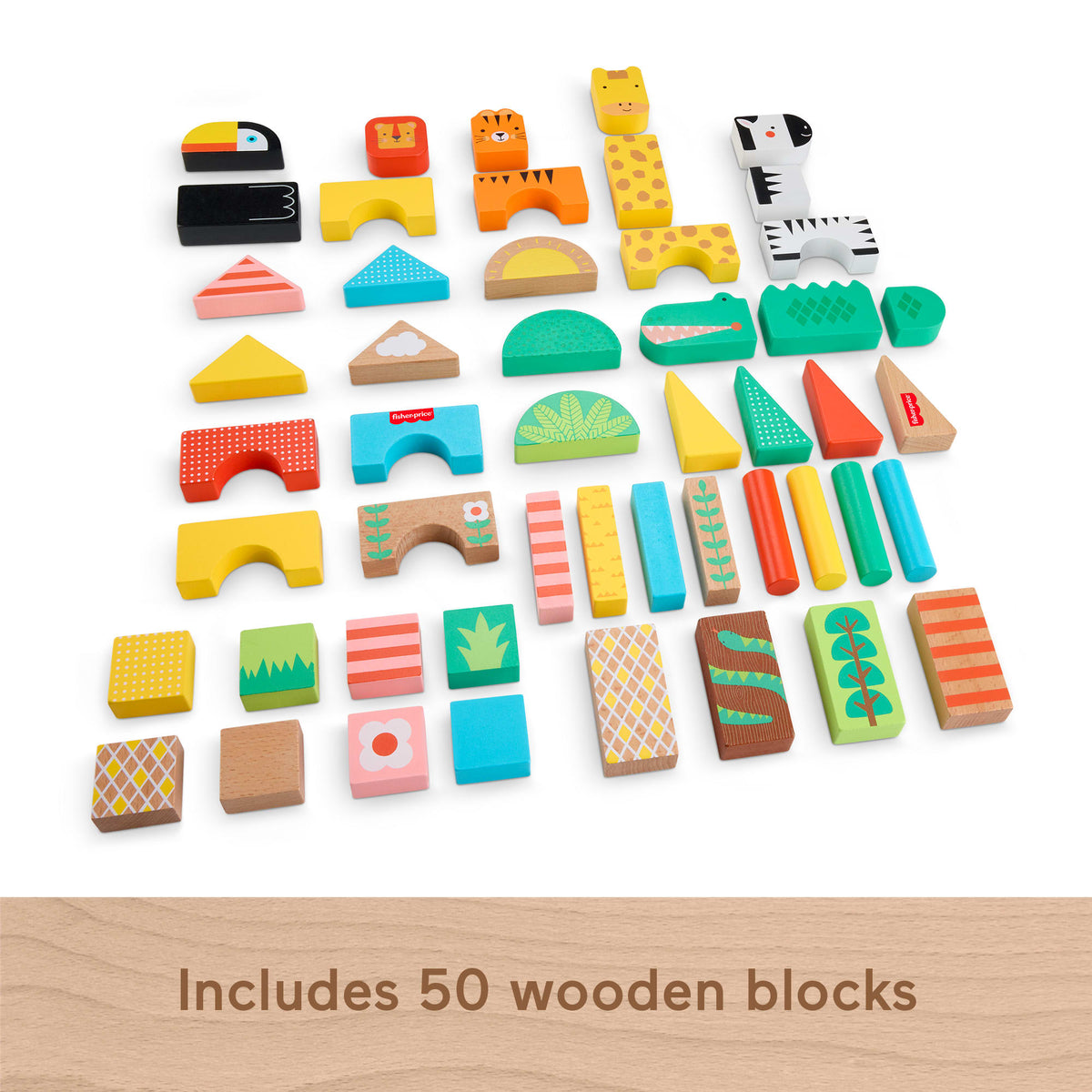 Fisher-Price Wooden Jungle Blocks, Animal-Themed Building Set For Toddlers, 50 Wood Pieces
