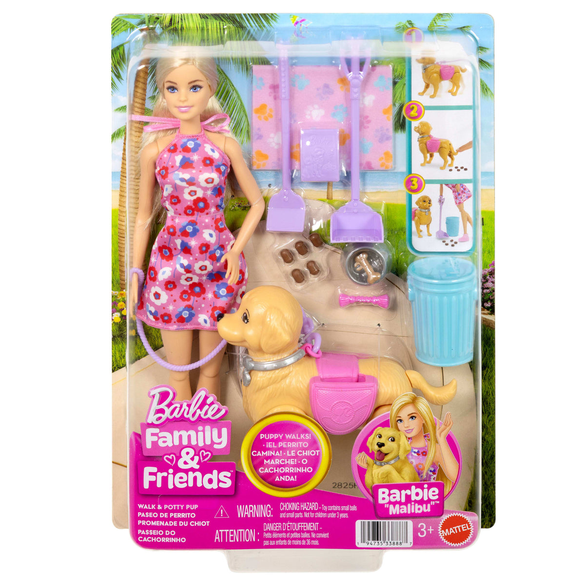 Barbie “Malibu” Walk & Potty Pup Toy Set, includes Doll, Walking Pet Dog With Potty Feature, & Accessories
