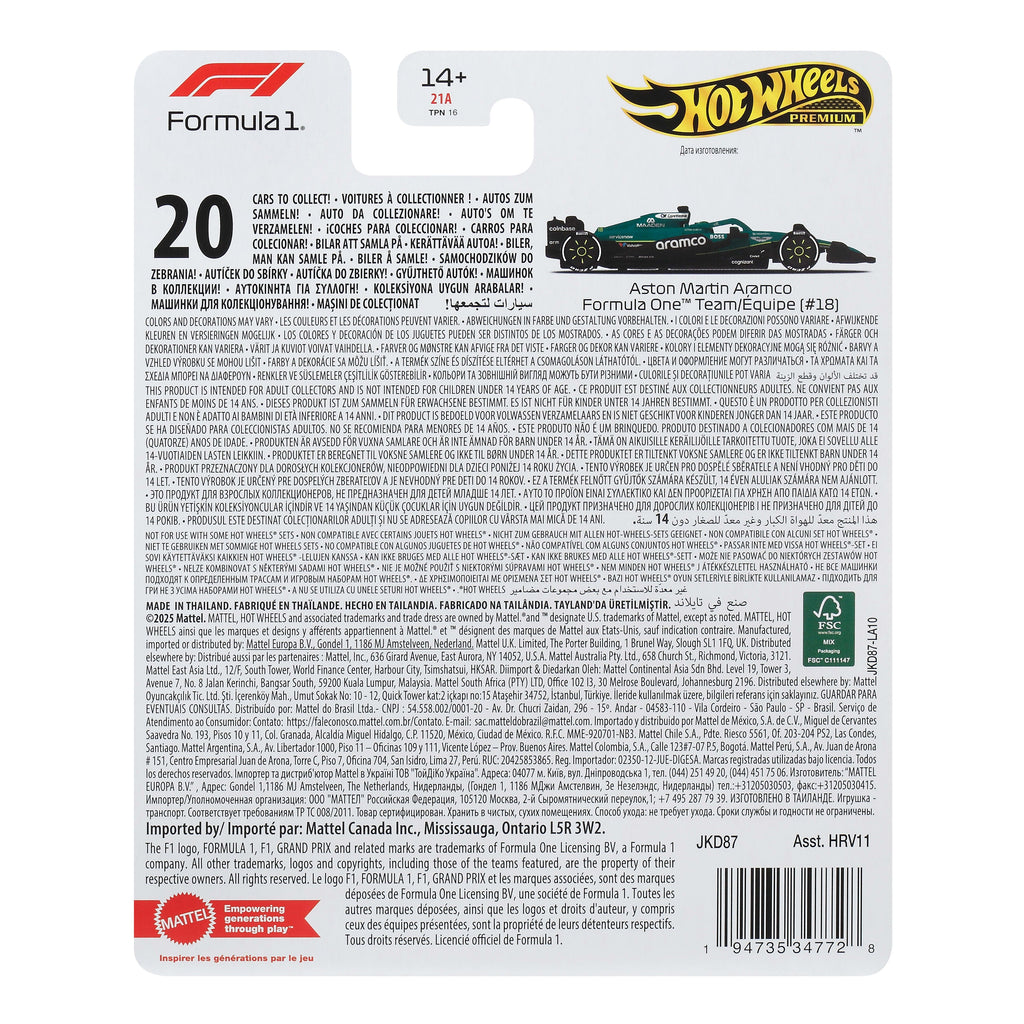Hot Wheels Collector Vehículo de Colección equipo aston martin aramco formula 1 lance stroll
