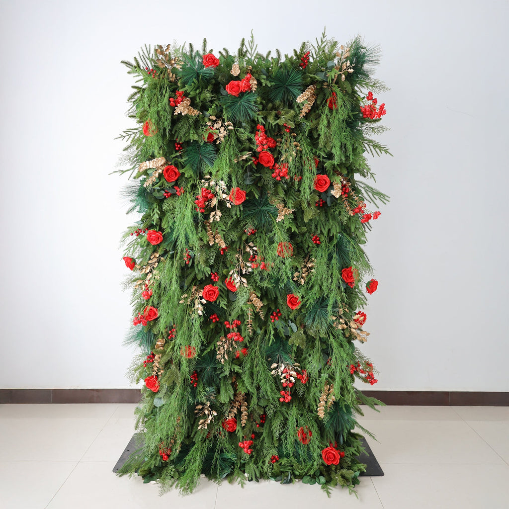 ValarFlowers Christmas Themed Floral Wall Backdrop: Festive Evergreen & Red Rose Masterpiece for Holiday Events & Decor-VF-491-2