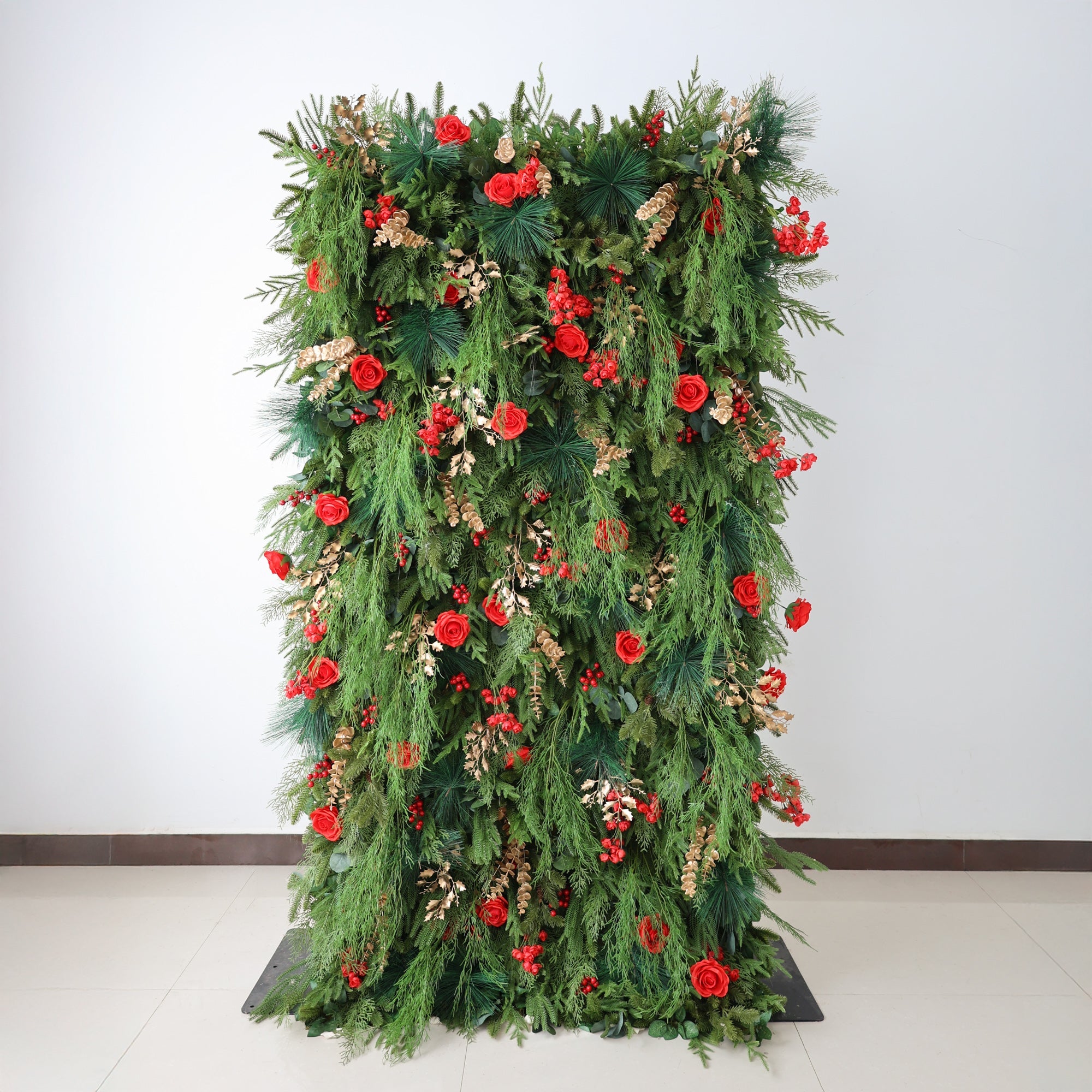 ValarFlowers Christmas Themed Floral Wall Backdrop: Festive Evergreen & Red Rose Masterpiece for Holiday Events & Decor-VF-491-2