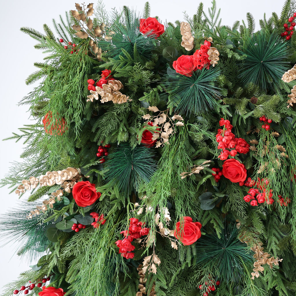 ValarFlowers Christmas Themed Floral Wall Backdrop: Festive Evergreen & Red Rose Masterpiece for Holiday Events & Decor-VF-491-2