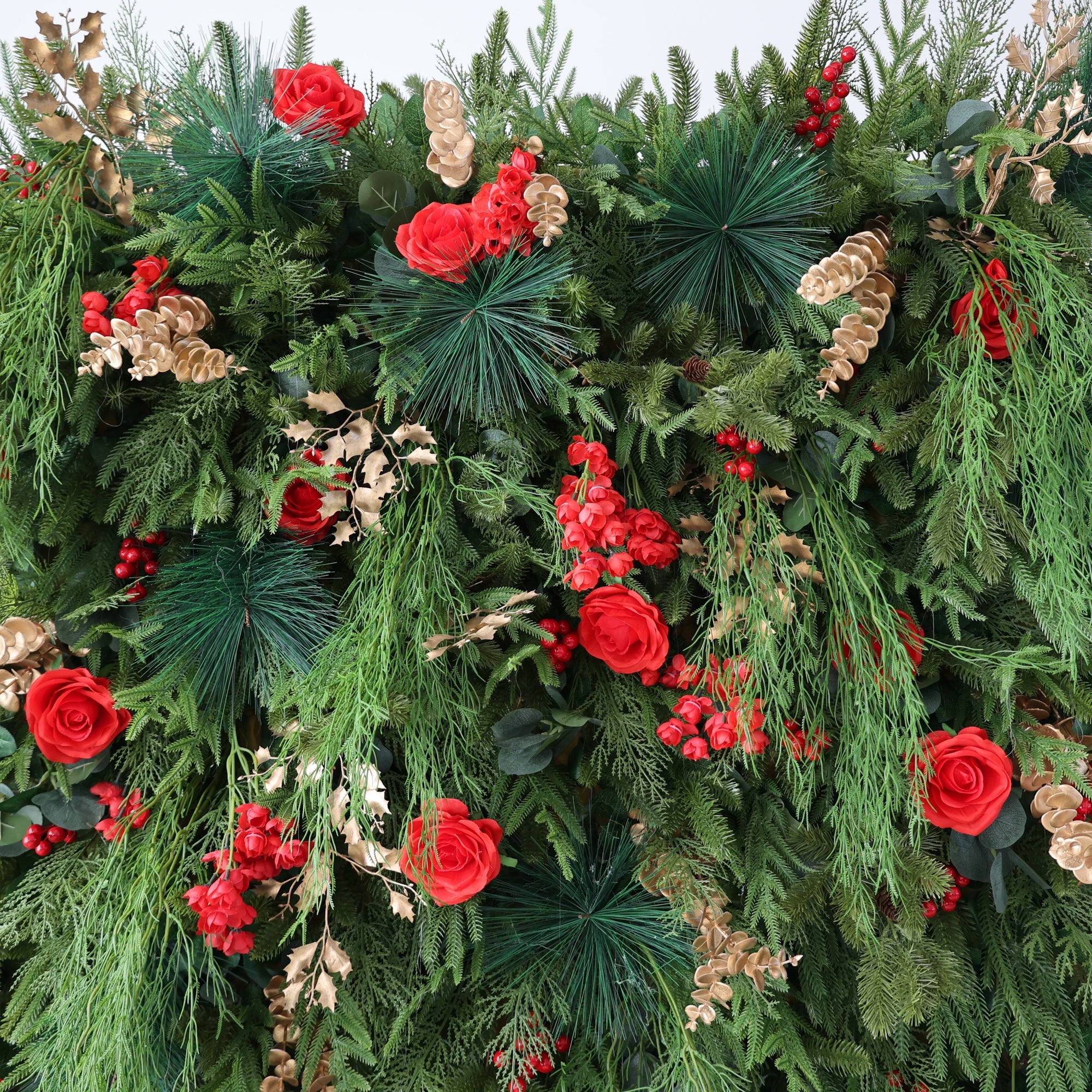 ValarFlowers Christmas Themed Floral Wall Backdrop: Festive Evergreen & Red Rose Masterpiece for Holiday Events & Decor-VF-491-2