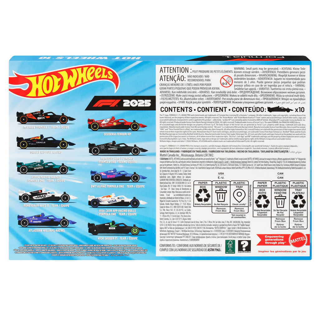 Hot Wheels Formula 1 10-Pack, Set Of 10 1:64 Scale Toy Cars With Each 2025 F1 Racing Team