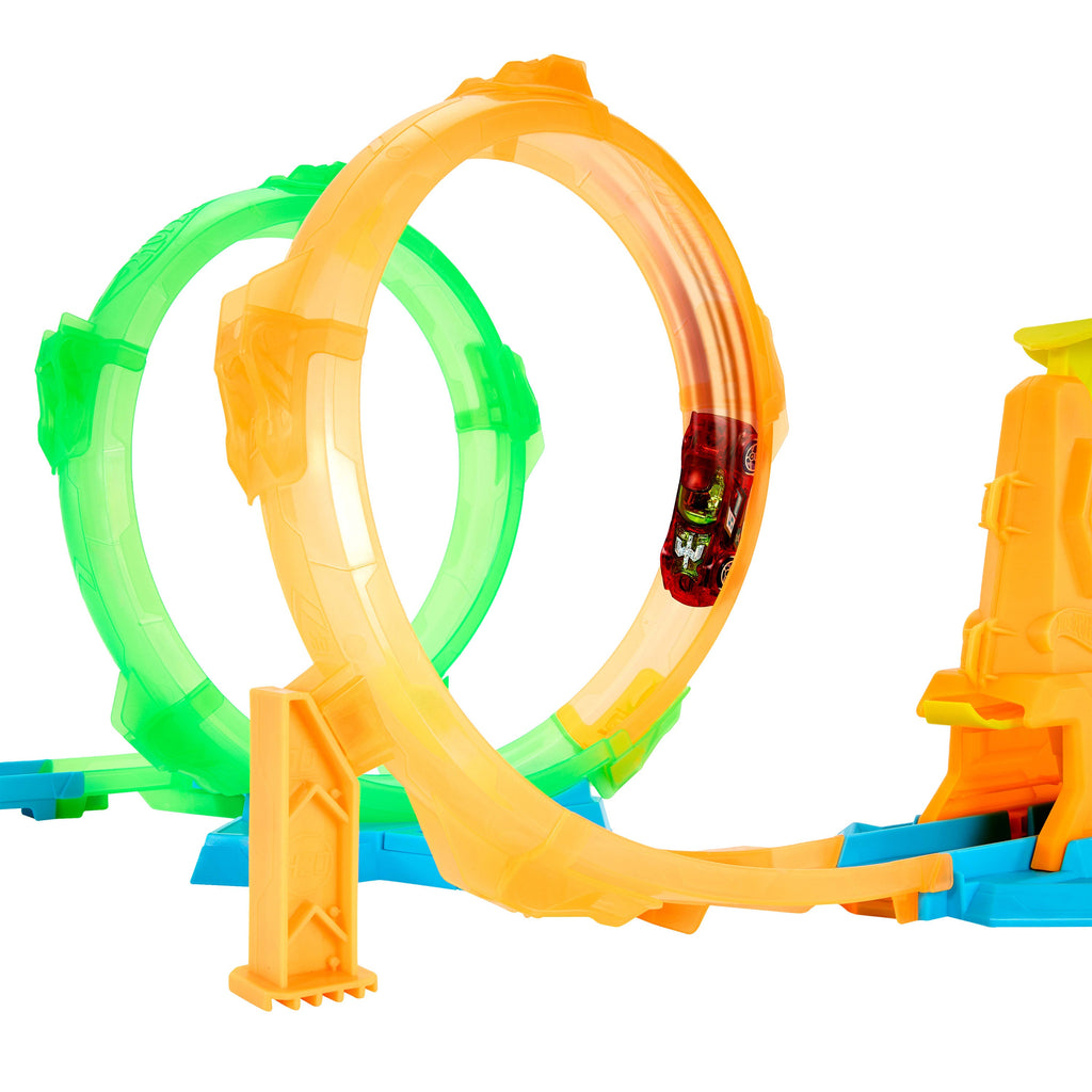 Hot Wheels Neon Speeders Double Loop Dash Track Set With 1:64 Scale Toy Car