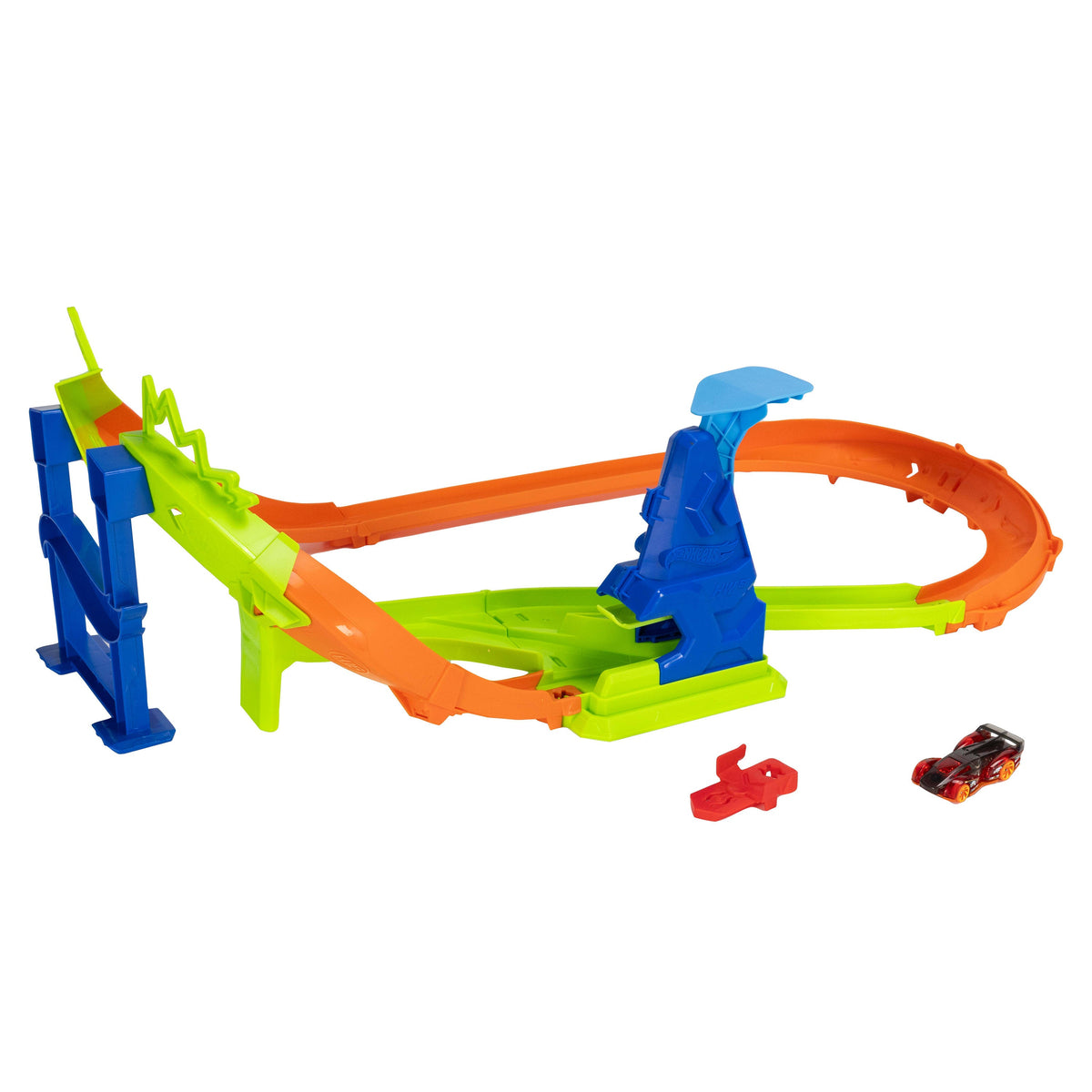 Hot Wheels Stunt Tracks Jump Circuit Speedway With 1:64 Scale Die-Cast Toy Car, 180-Degree Curve