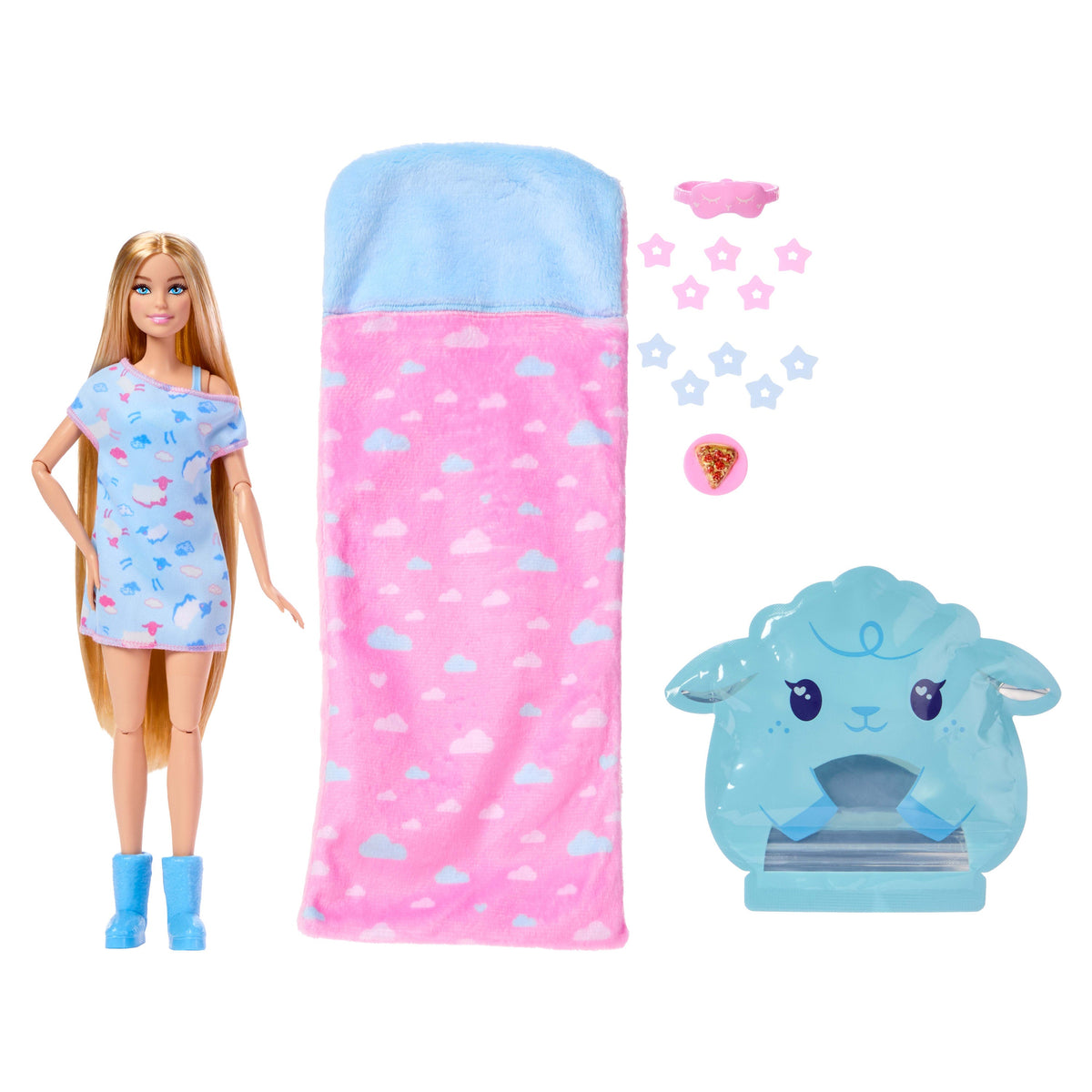 Barbie Party Unboxed Sleepover Reveal Series Blue Pajama Doll & Accessories With 7 Surprises