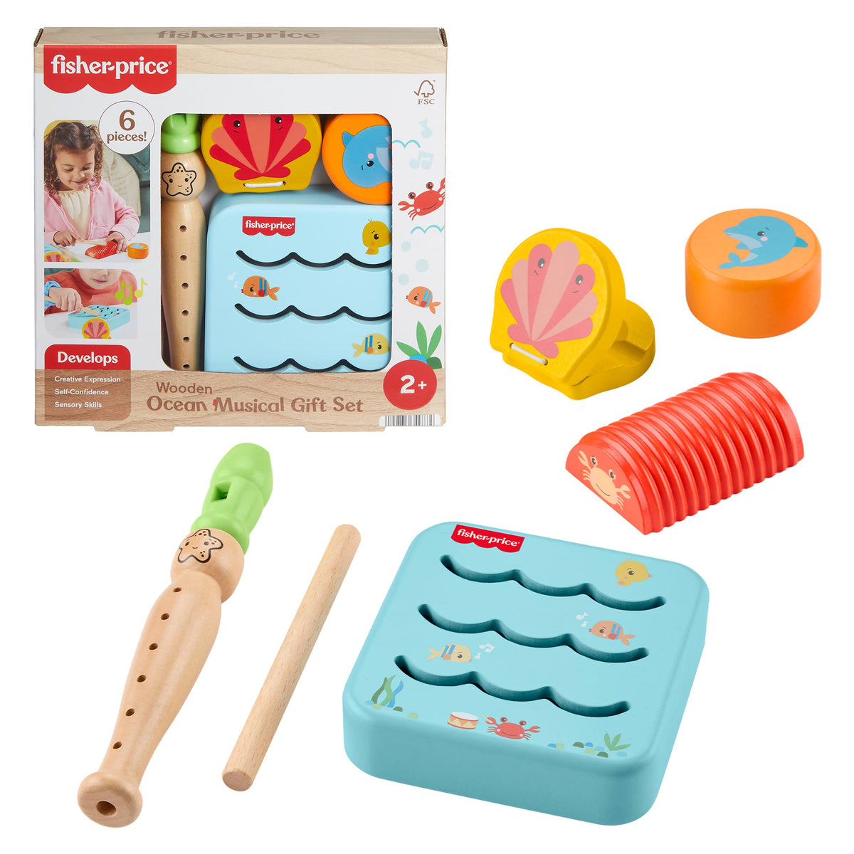 Fisher-Price Wooden Ocean Musical Gift Set For Toddlers & Kids, 6 Wood Pieces